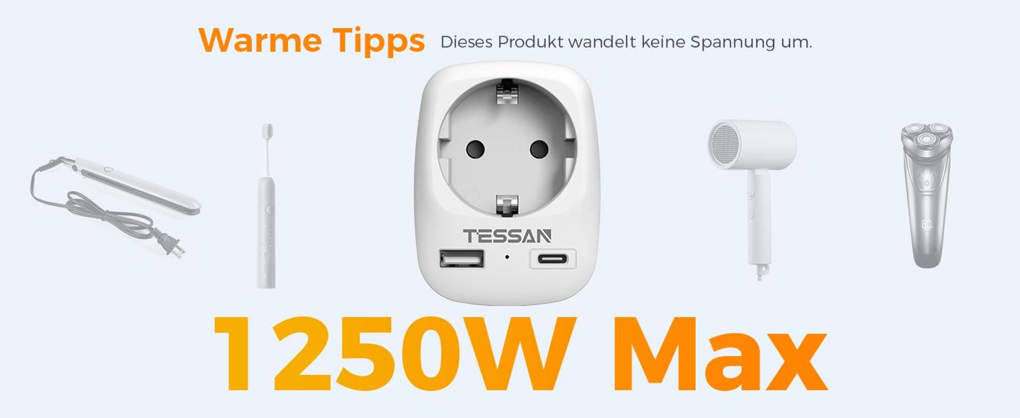 TESSAN 2er Pack USA Adapter Steckdose 3 in 1 Reiseadapter mit USB C und USB A 1250W für Kanada Stromadapter Thailand Philippinen