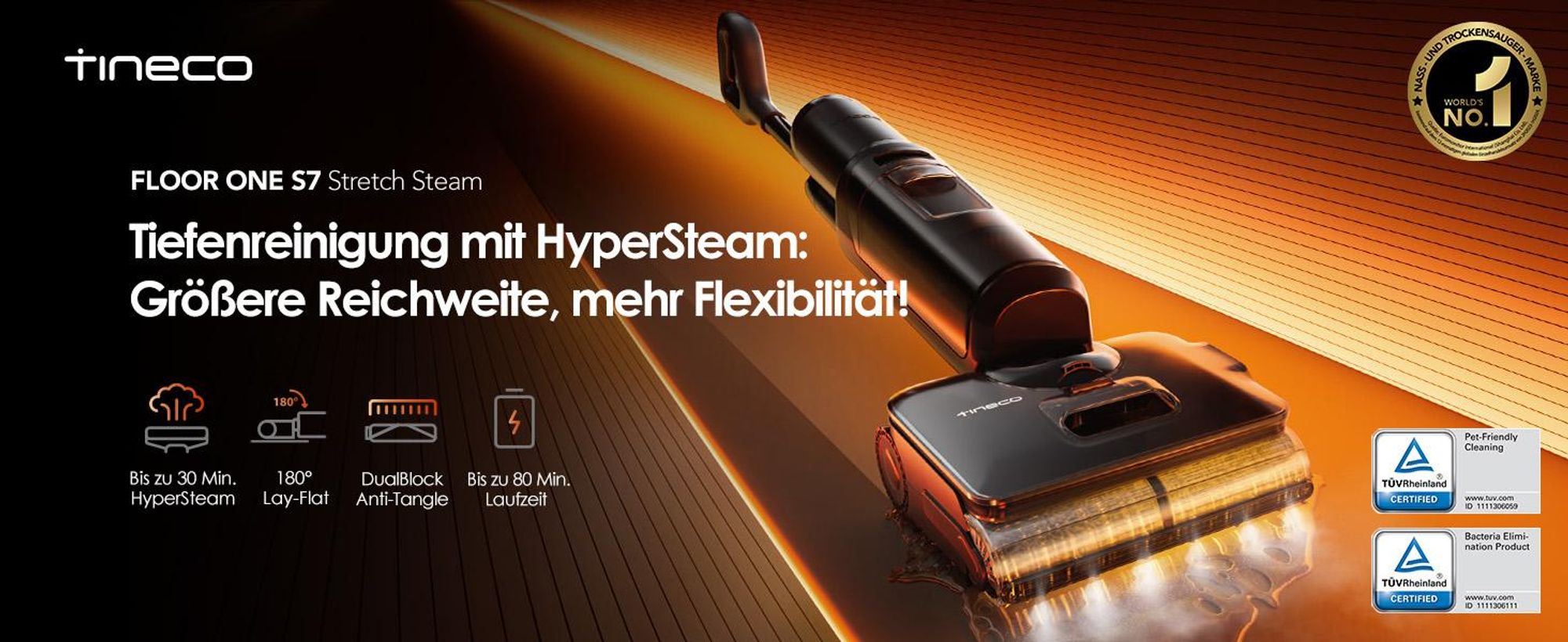 Tineco FLOOR ONE S7 Stretch Steam Nass-Trockensauger 160 °C HyperSteam 80 Min Laufzeit Anti-Tangle SilentDry 3-seitige Kantenreinigung 2A-Schnelllade