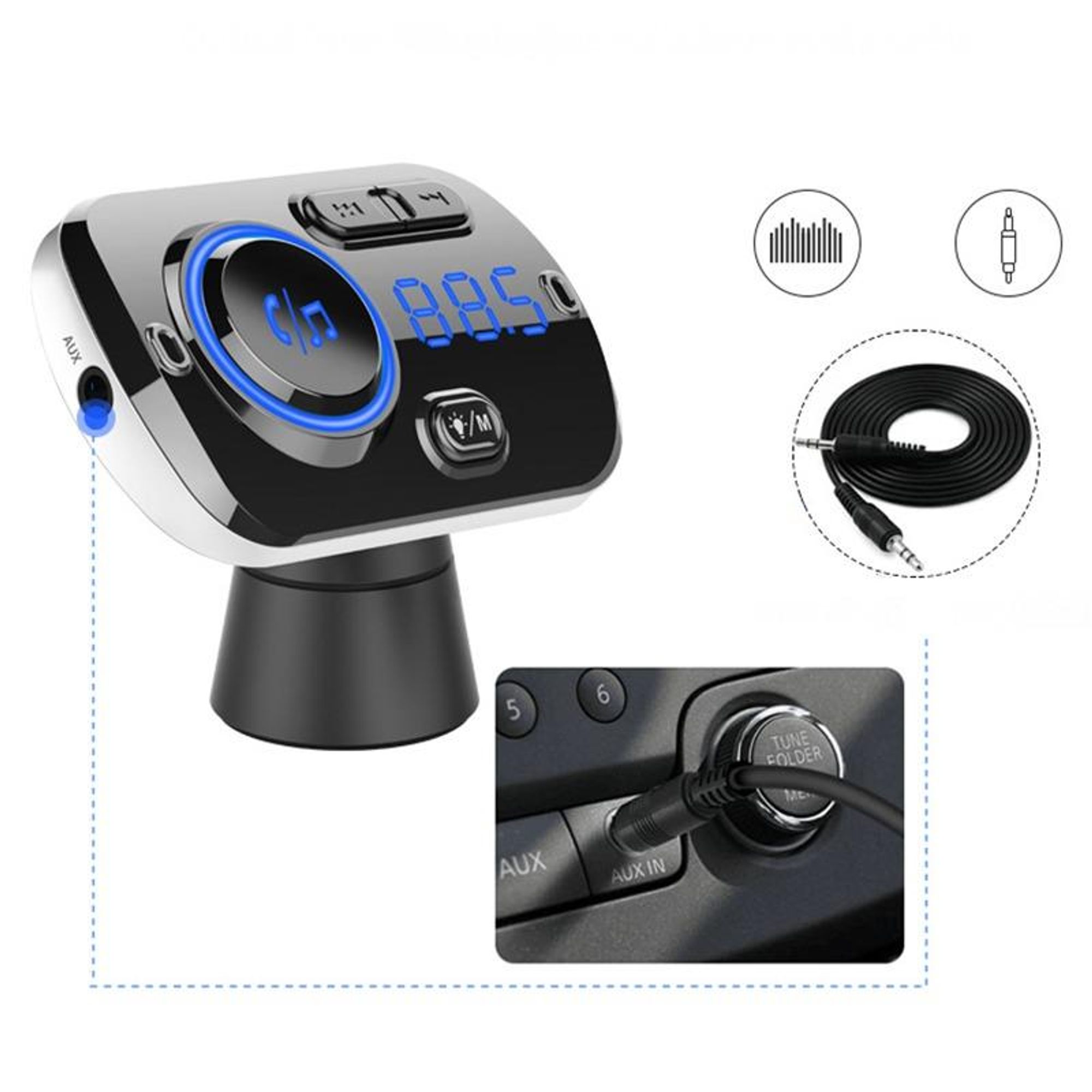 REVENTO® G-60 Samochodowy nadajnik Bluetooth FM, bezprzewodowy odbiornik radiowy z zestawem głośnomówiącym, Faste Dual USB