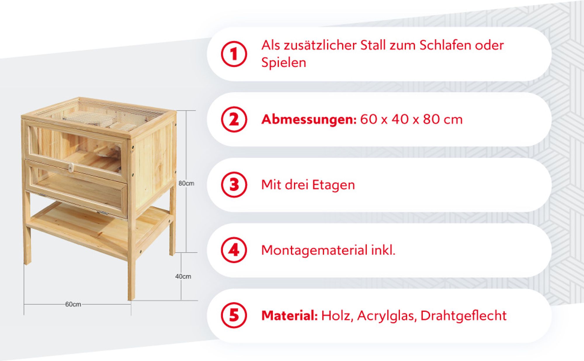 Wiltec 3 Etagen Nagerkäfig, 600 x 400 x 800 mm, aus Holz, mit klappbarem Deckel & Sichtfenster, Kleintierhaus Mäusekäfig Hamsterkäfig