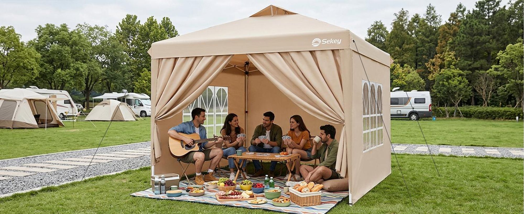 Sekey Faltpavillon 3x3 m Pop Up Gartenpavillon wasserdicht winterfest inkl 4 Seitenteilen Partyzelt für Garten Terrasse, Taupe