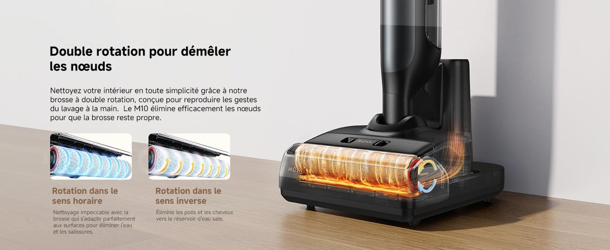 MOVA M10 Aspirateur laveur, ultra-léger 0,9 kg, design plat 180° avec rotation 90°, brosse double anti-enchevêtrement, puissance 18 kPa