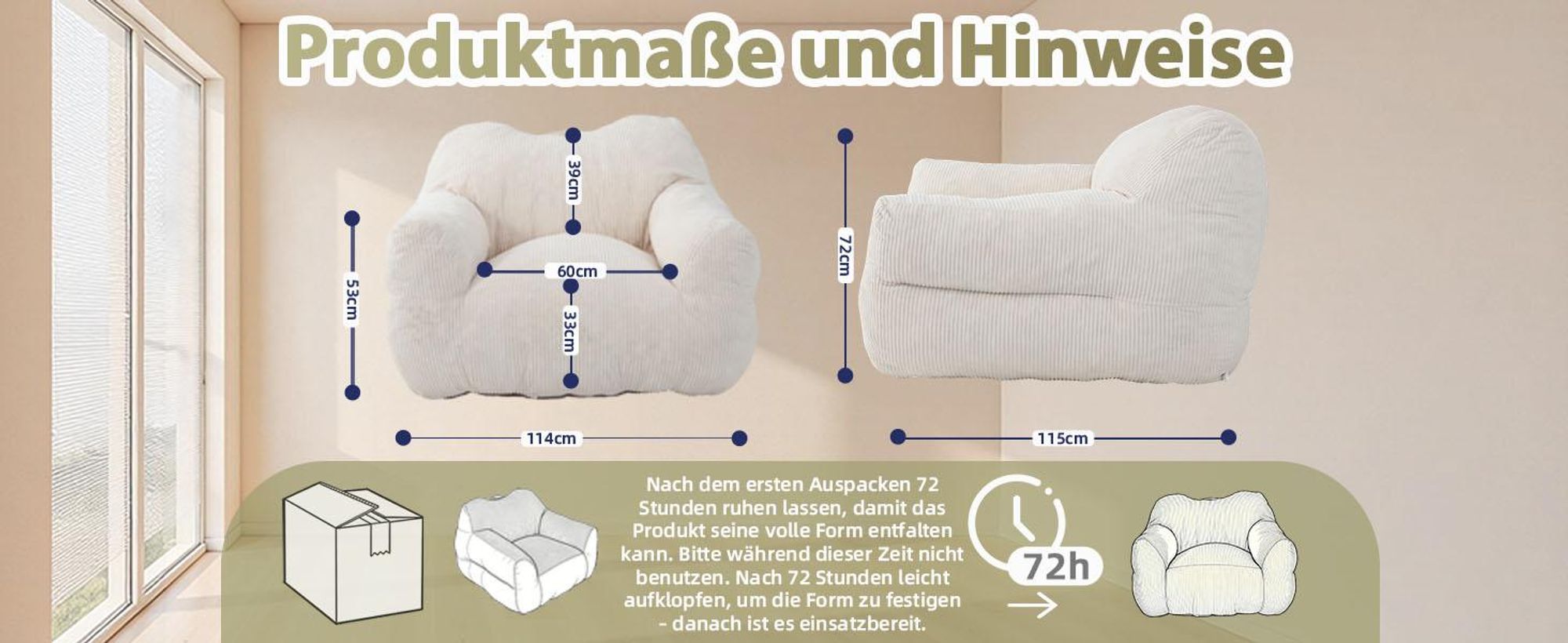 Übergroßer Sitzsack für Erwachsene, Füllung aus Schaumstoffflocken, flauschiges Bodensofa, quadratisch, Beige