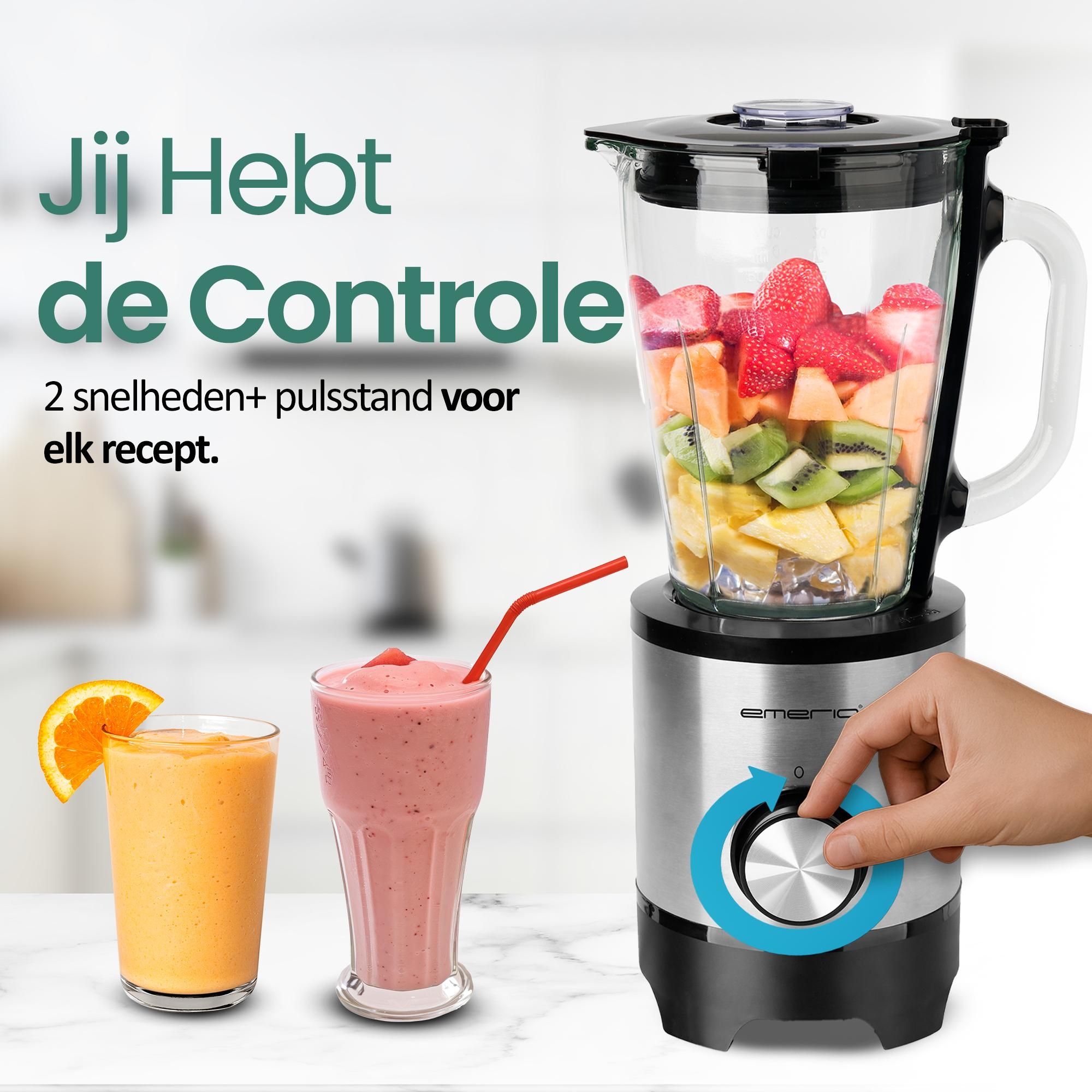 Emerio Blender BL-130988 – 1,5 L – 500 W – Glazen Kan – RVS – Zwart/Zilver