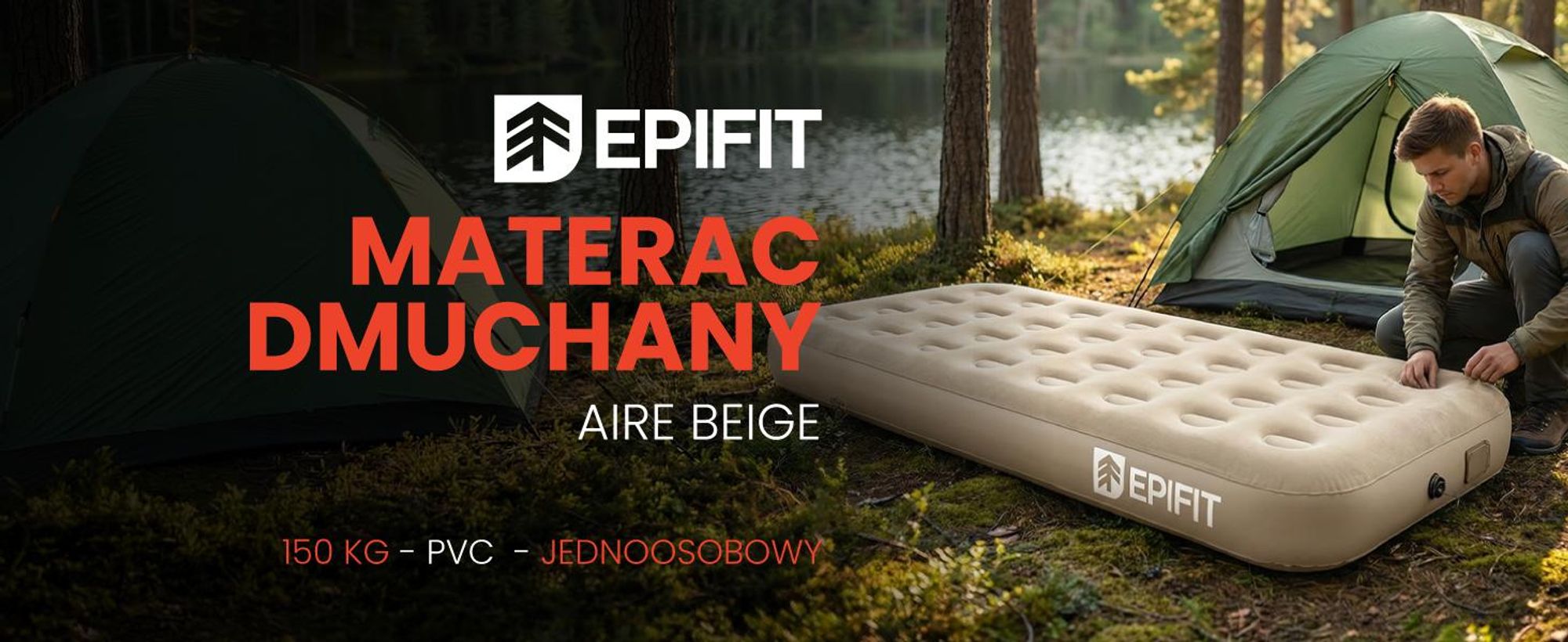 Materac dmuchany z wbudowaną pompką w kolorze beżowym