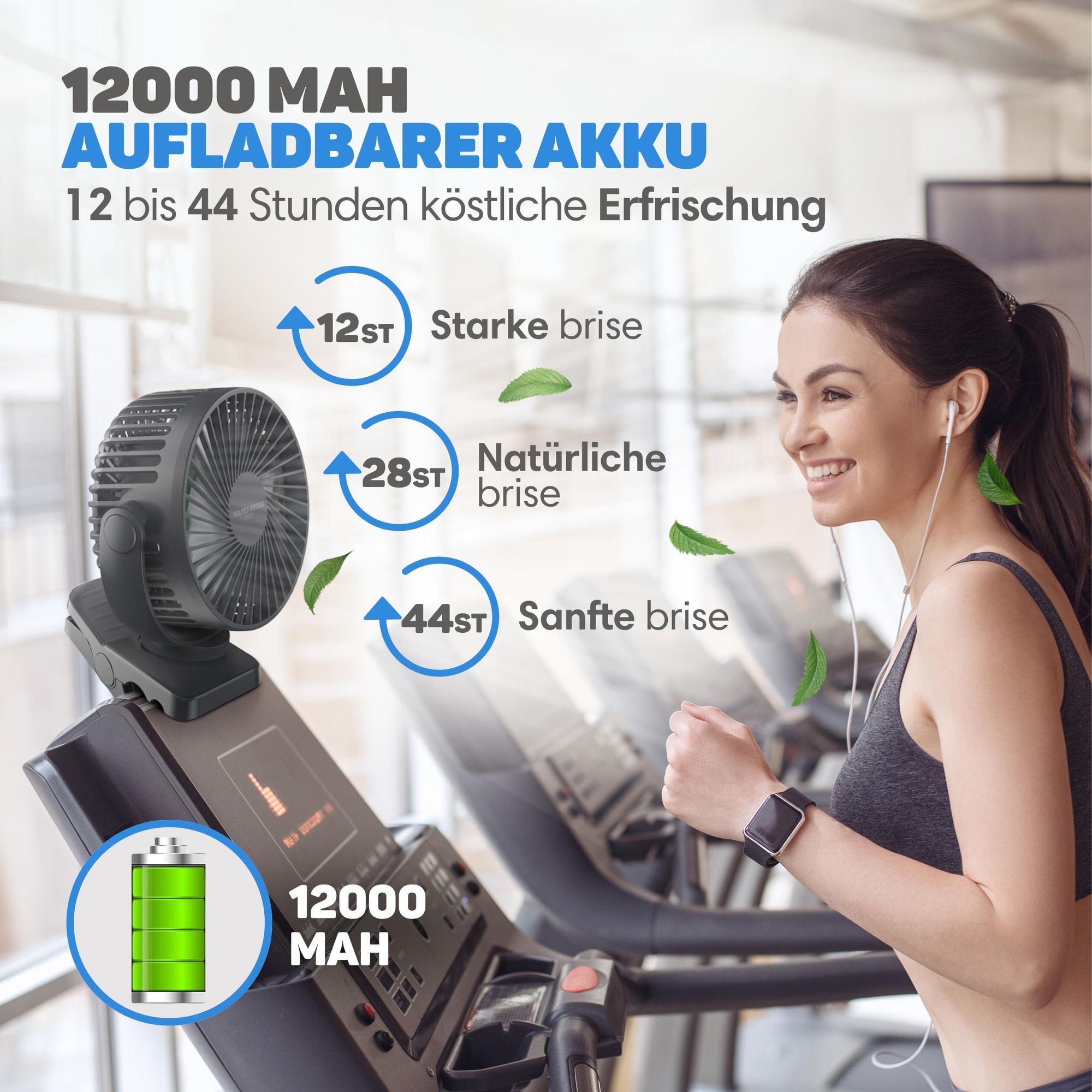 Vulpes Goods Mini Ventilator, Tischventilator, Handventilator, Wiederaufladbar, 3 Geschwindigkeiten, Verlichting, Powerbank-Funktion, 12000 mAh