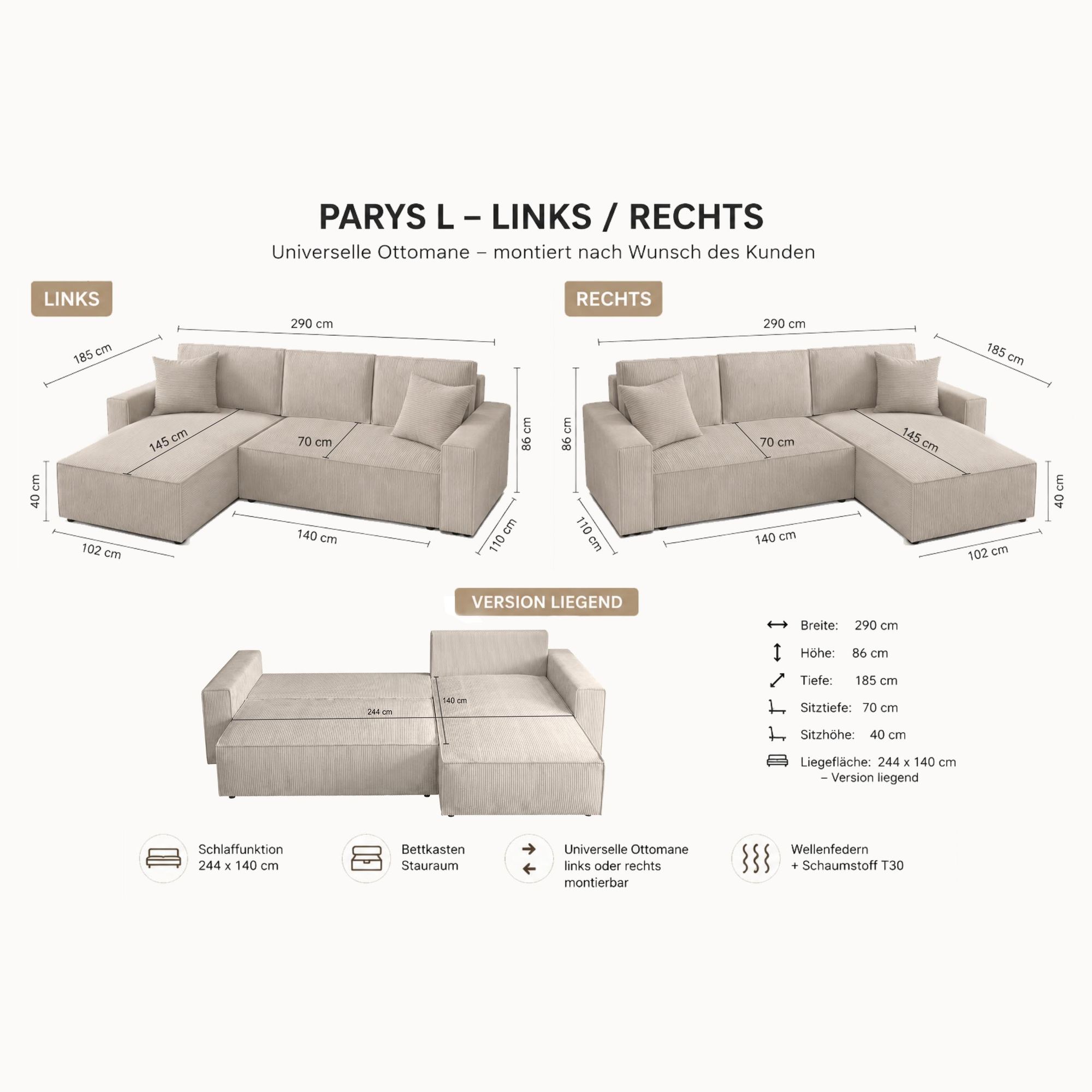 BEAUTYSOFA Ecksofa 290cm, Modernes Bettsofa mit Schlaffunktion und Bettkasten, Schlafsofa, Couch beidseitig montierbar Hellbronze Poso 02 PARYS L-Form