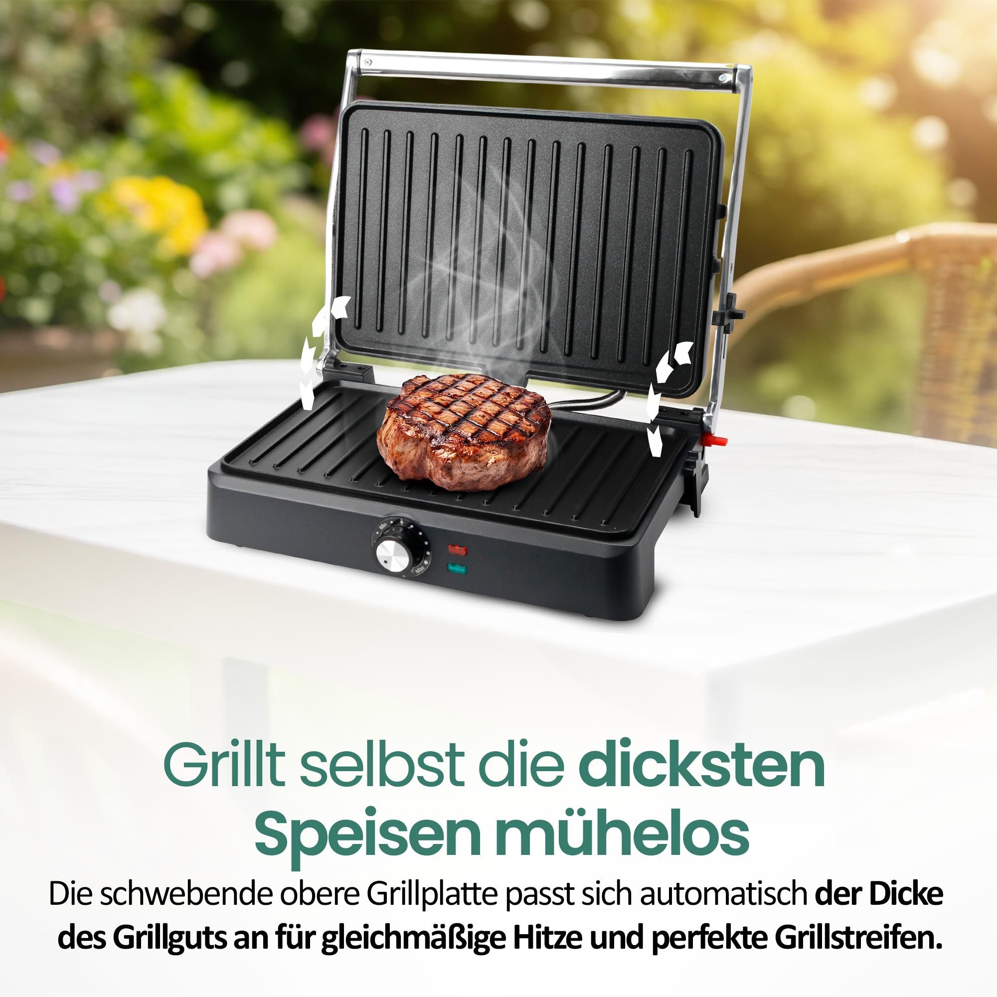 Emerio Kontaktgrill – Sandwichmaker – Große Grillfläche 34 × 24 cm – Panini-Grill – Sandwich-Toaster CG-130859 – Edelstahl / Schwarz