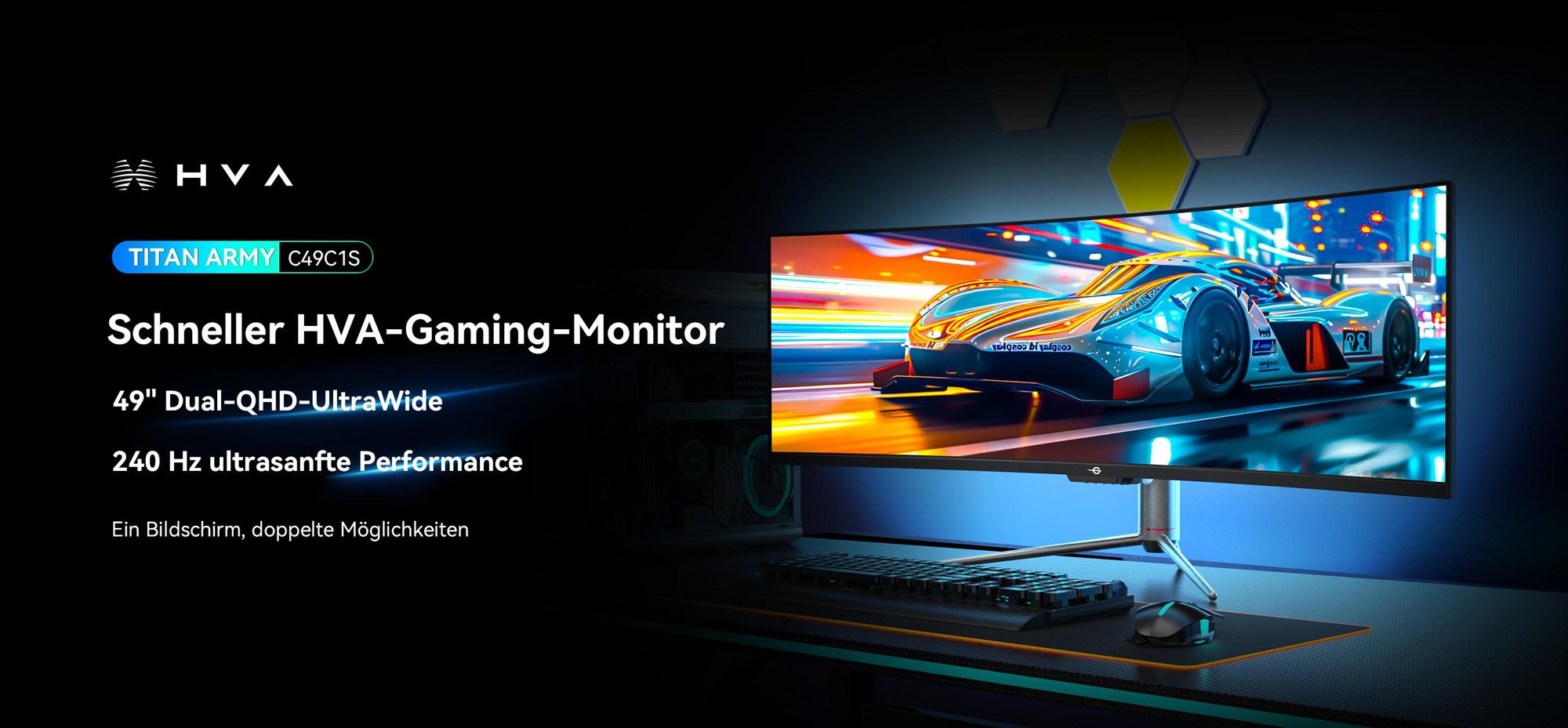 TITAN ARMY C49C1S: 49" Curved Gaming Monitor, 32:9 Dual QHD, 240Hz, 1ms, HDR400, USB-C 65W, KVM