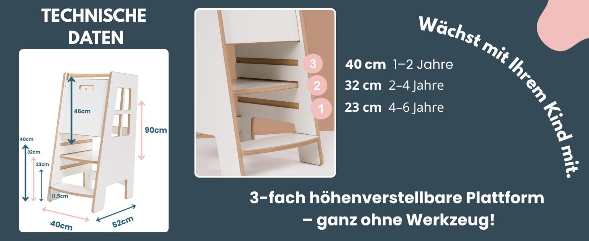 Kitchen Helper Extra Safe – sicherer und stabiler Lernturm für Kinder, höhenverstellbare Standfläche, robuste Konstruktion,
