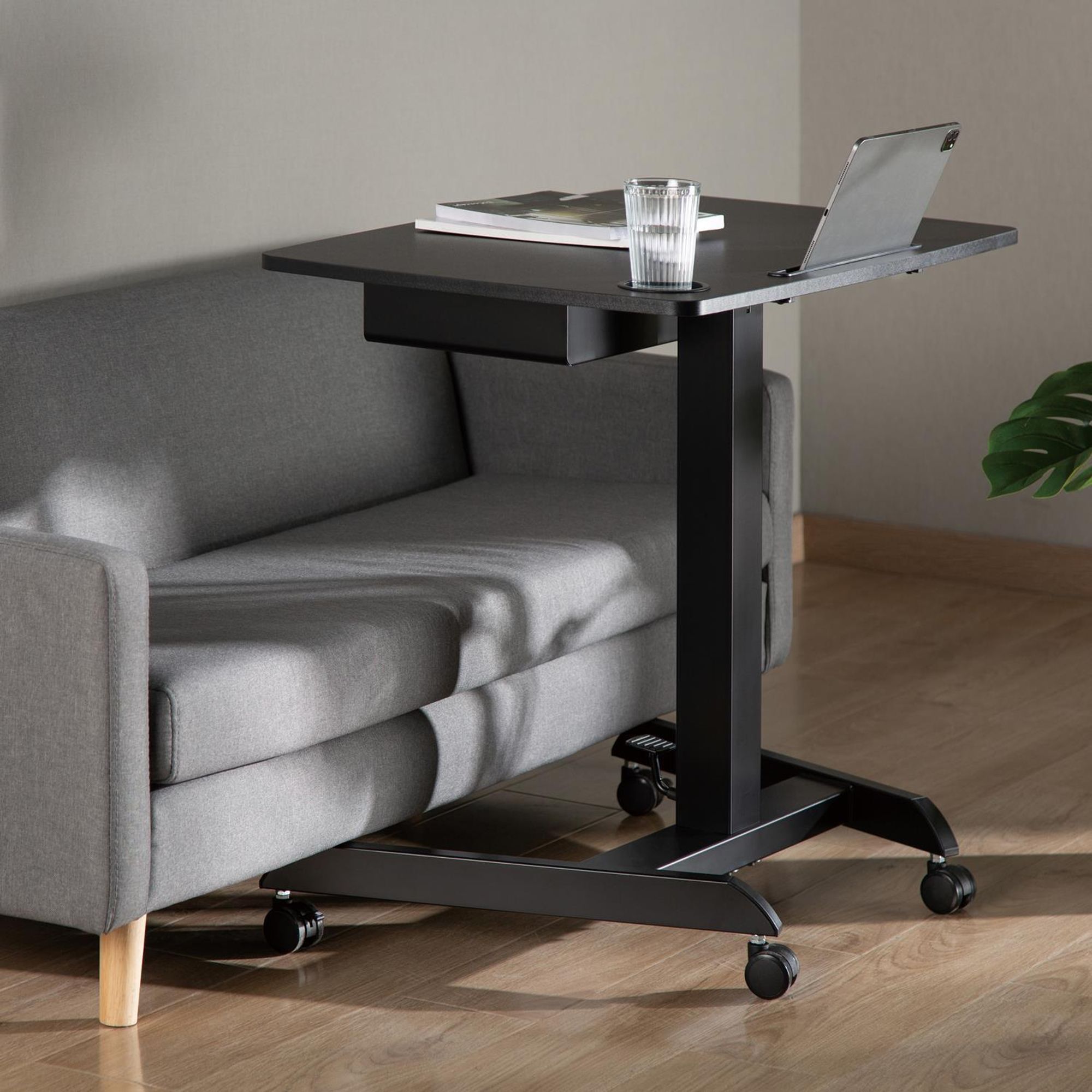 Höhenverstellbarer Laptoptisch mit Rollen und Schublade Sitz-steh-Schreibtisch - Höhenverstellbar bis max. 113cm / Max. 8kg - Schwarz