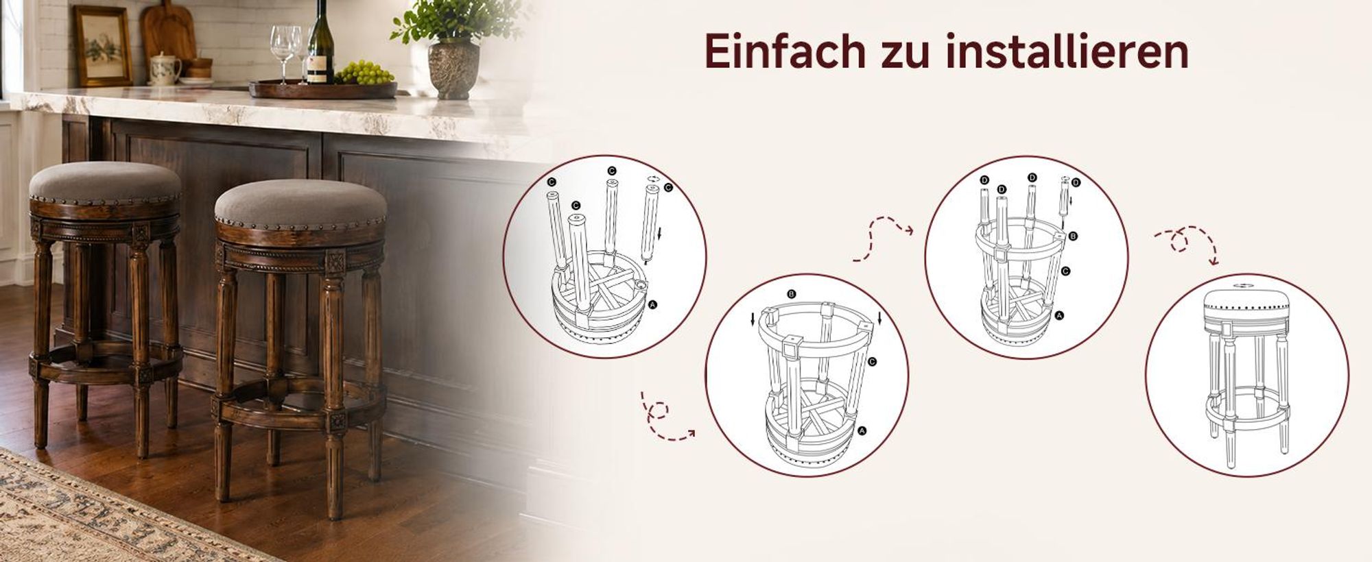 Barhocker Holz drehbar, gepolstert, Retro Design  Barhocker ohne Lehne, rutschfest, für Küche und Bar, 40x40x76cm, belastbar bis 260lb, Kaffeebraun