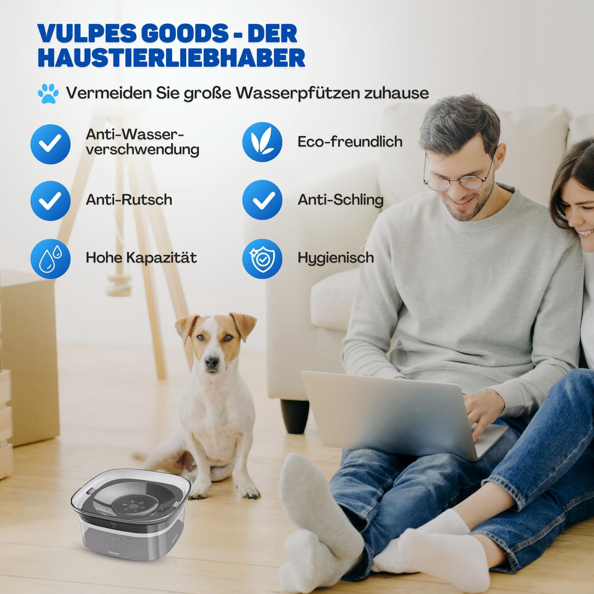 Vulpes Goods Wassernapf für Hunde, 2L Auslaufsicher Trinknapf Reisenapf, rutschfest Katzen Hund Haustiere Hundenapf Anti-Schwapp Wasserspender für Haustier