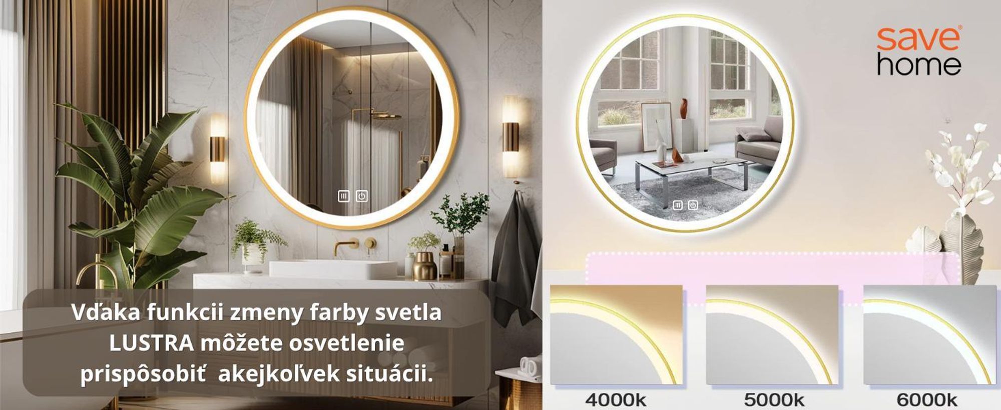 SAVE ®HOME LED okrúhle kúpeľňové zrkadlo - 60 cm - ILUMINOVANÉ - ZLATÝ RÁM - 3 FARBY SVETLA - STÍMITEĽNÉ - BEZ PARAMETRA - DOTYK - NÁSTENNÉ ZRKADLO
