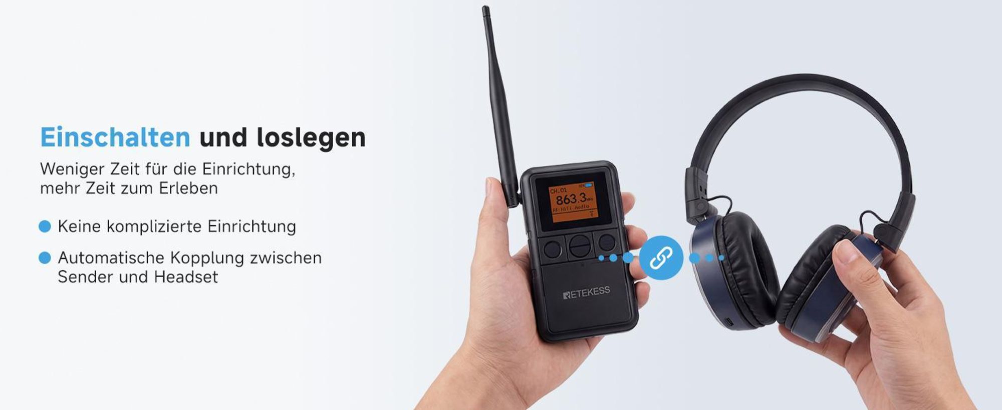 Retekess TA003P-TA004S Silent-Disco-Kopfhörersystem, Freihändig, Hi-Fi-Audioqualität, 3-Kanal-LED, 12H, Sitzfest, Bass-Anhebung,für Fitness Yoga Party
