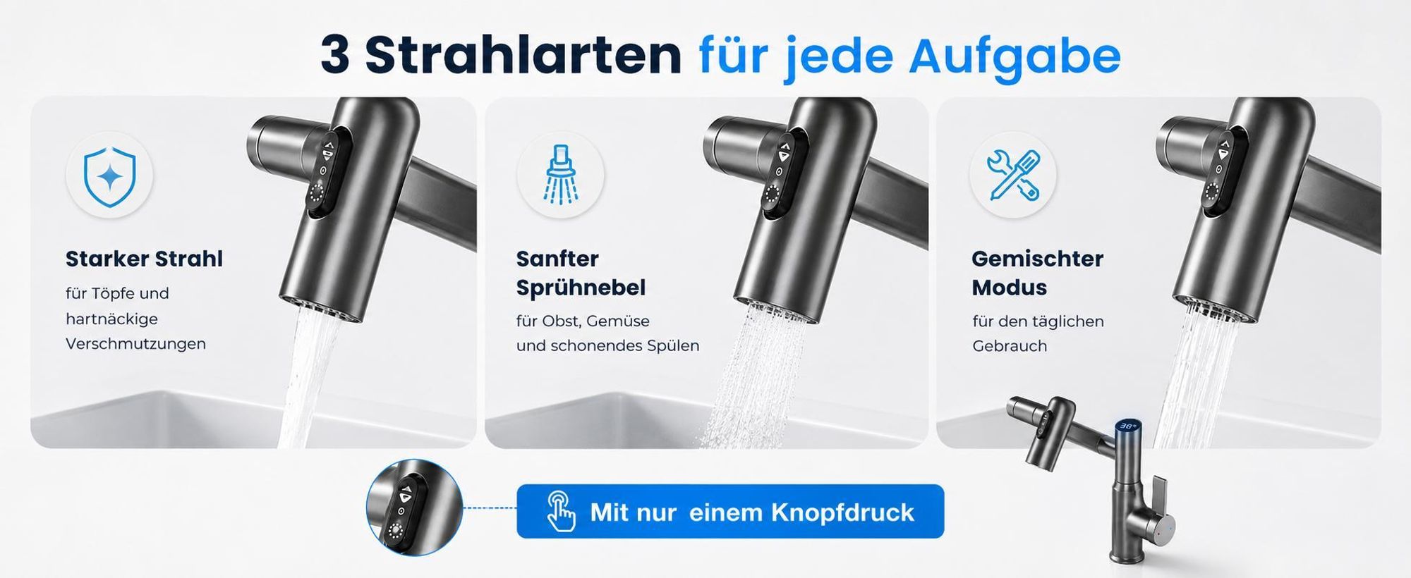 Wasserhahn Bad mit 3 Strahlarten, LED-Temperaturanzeige Armaturen küche, 360° drehbar, Edelstahl, Keramikventil, für Bad & Küche
