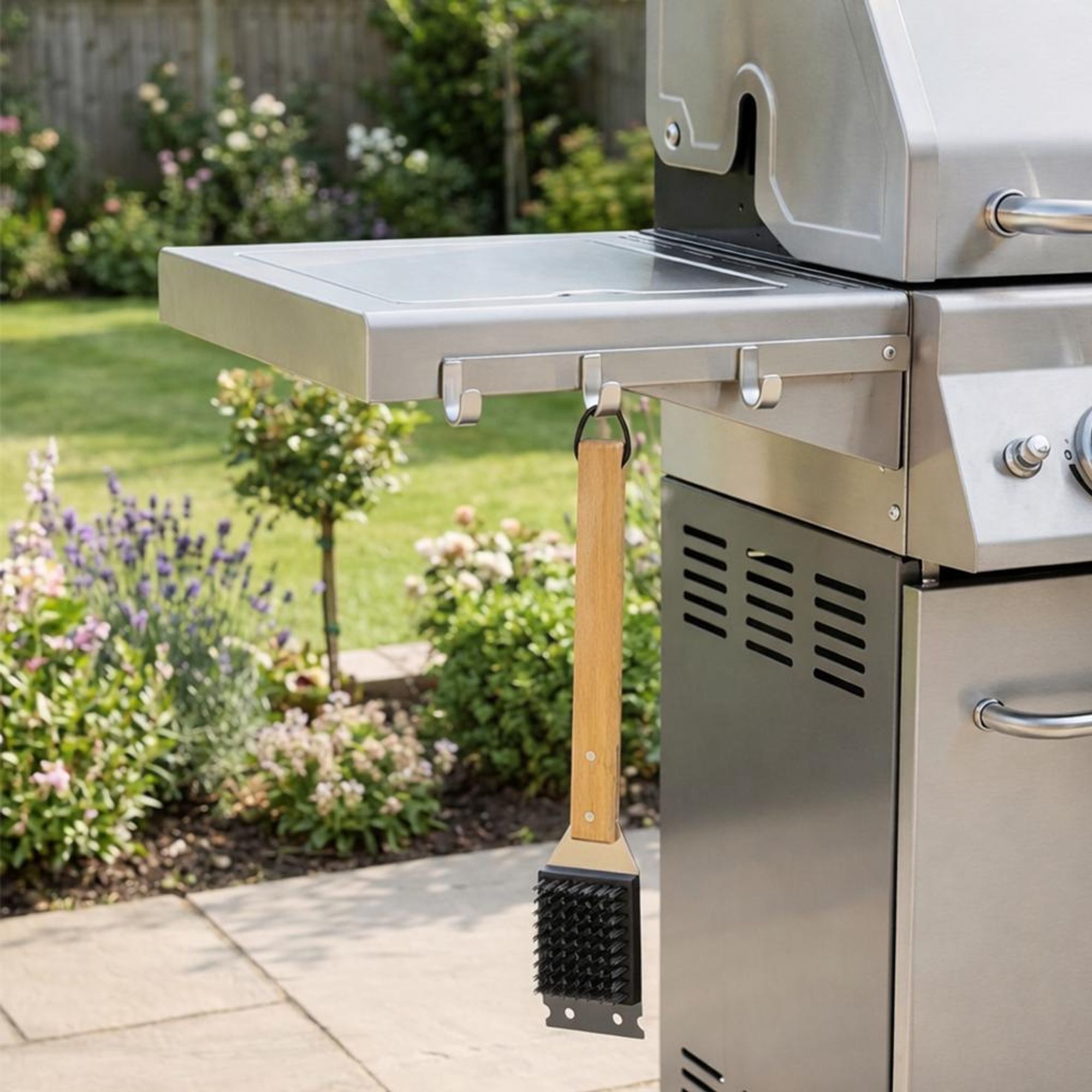 WELLHAUS Grillreinigungsbürste mit Griff Edelstahl Holz Grillbürste für Grillrost BBQ Reinigungsbürste mit Ersatzbürste