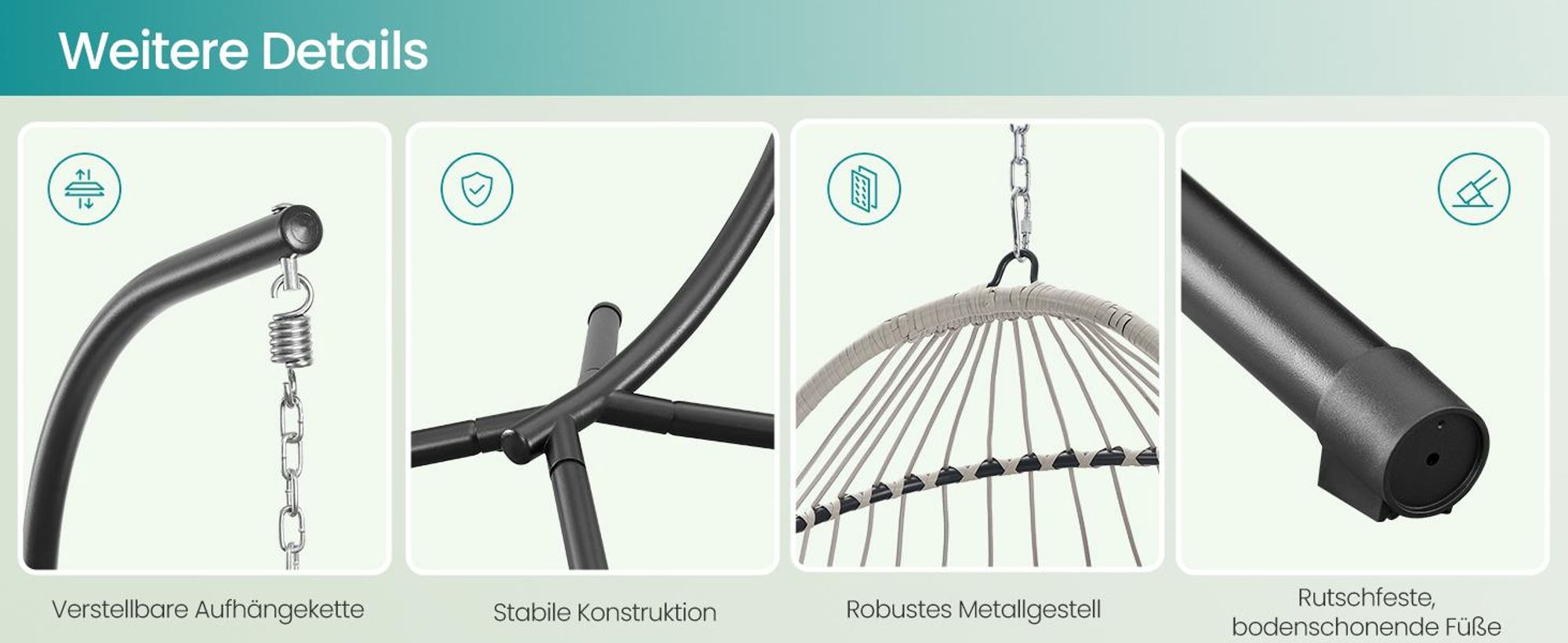 SONGMICS Schaukelstuhl mit Gestell, klappbarer Korbsessel höhenverstellbar, Hängeschaukel für Garten Balkon, Kissen, weiß