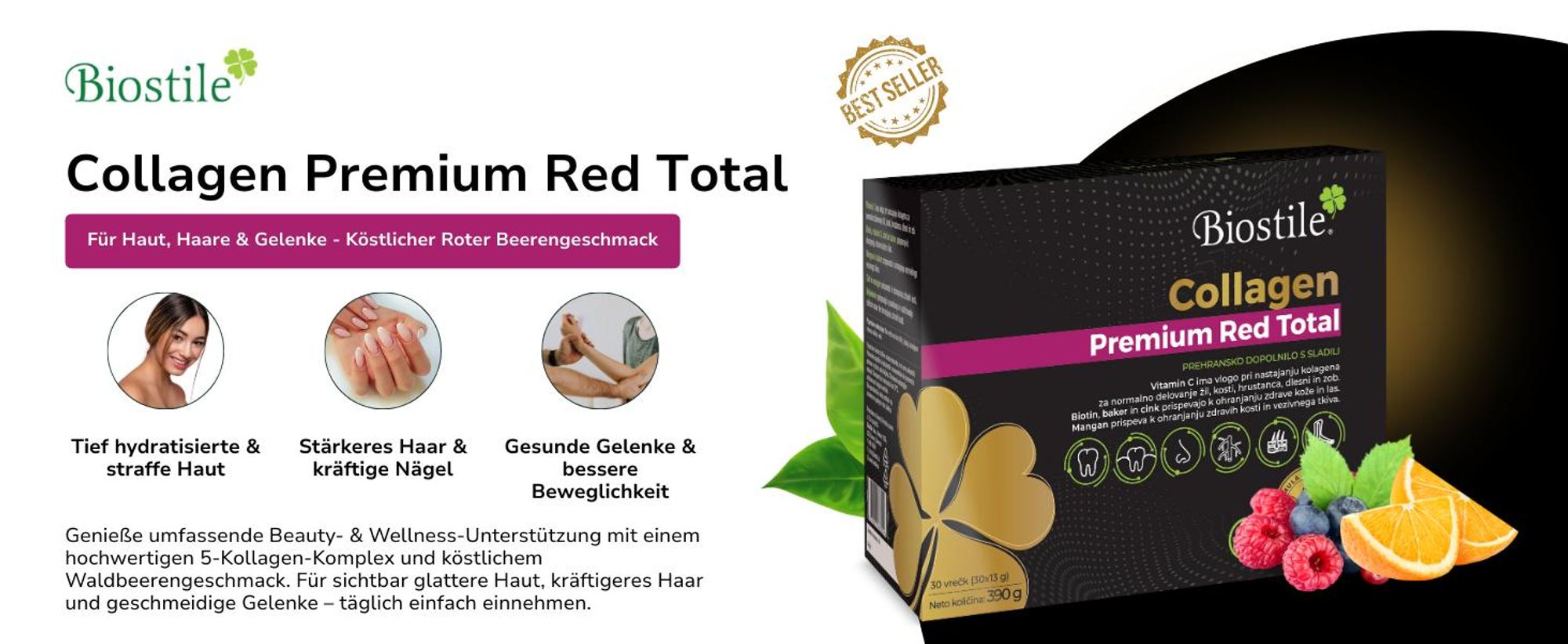 Frau neben einer Übersicht zur täglichen Kollagenroutine für Haut, Haare, Nägel und Beweglichkeit