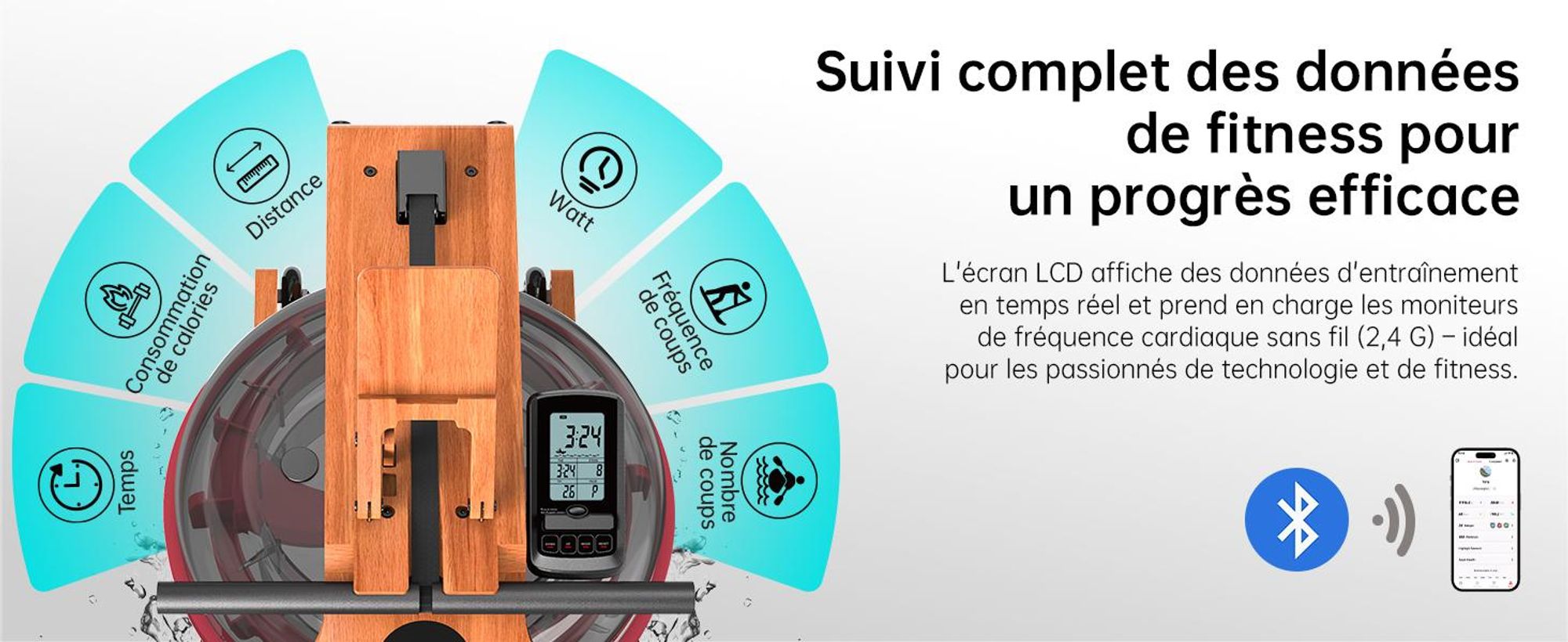 JASPORT R3 rameur à eau pliable en chêne , Bluetooth, écran LCD, Kinomap, réservoir de 28 l, jusqu’à 150 kg – Cherry