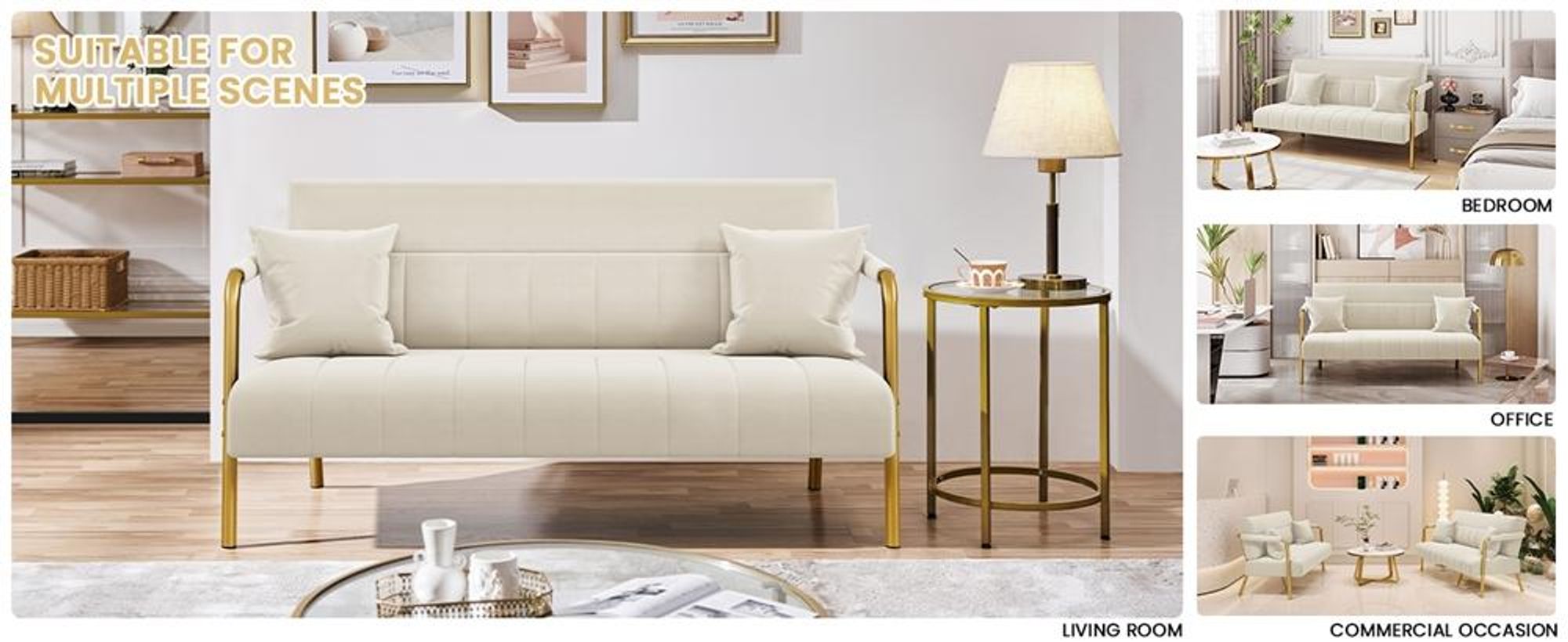Yaheetech 2-Sitzer Polstersofa für Wohnzimmer, mit Armlehnen & Metallbeinen, Doppelsofa mit 2 Kissen, Beige