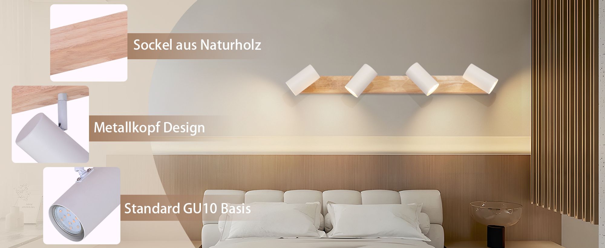 ZMH Deckenstrahler 4 Flammig Deckenspots Holz Deckenlampe Weiß GU10 Flurlampe Vintage Schwenkbar 350° Deckenleuchte Wohnzimmer für Flur Schlafzimmer Kindzimmer Küche