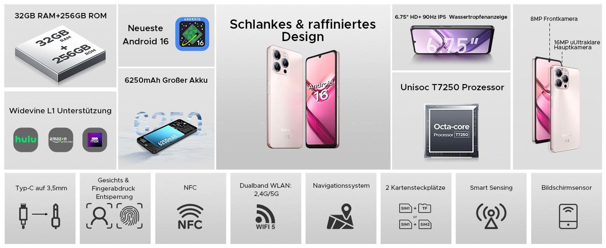 DOOGEE Note58 Pro Smartphone Handy, Android 16, 6,75" 90Hz, 6250mAh Akku, 32GB RAM+256GB ROM, 4G, 16MP, NFC, Fingerabdruck, ohne Vertrag