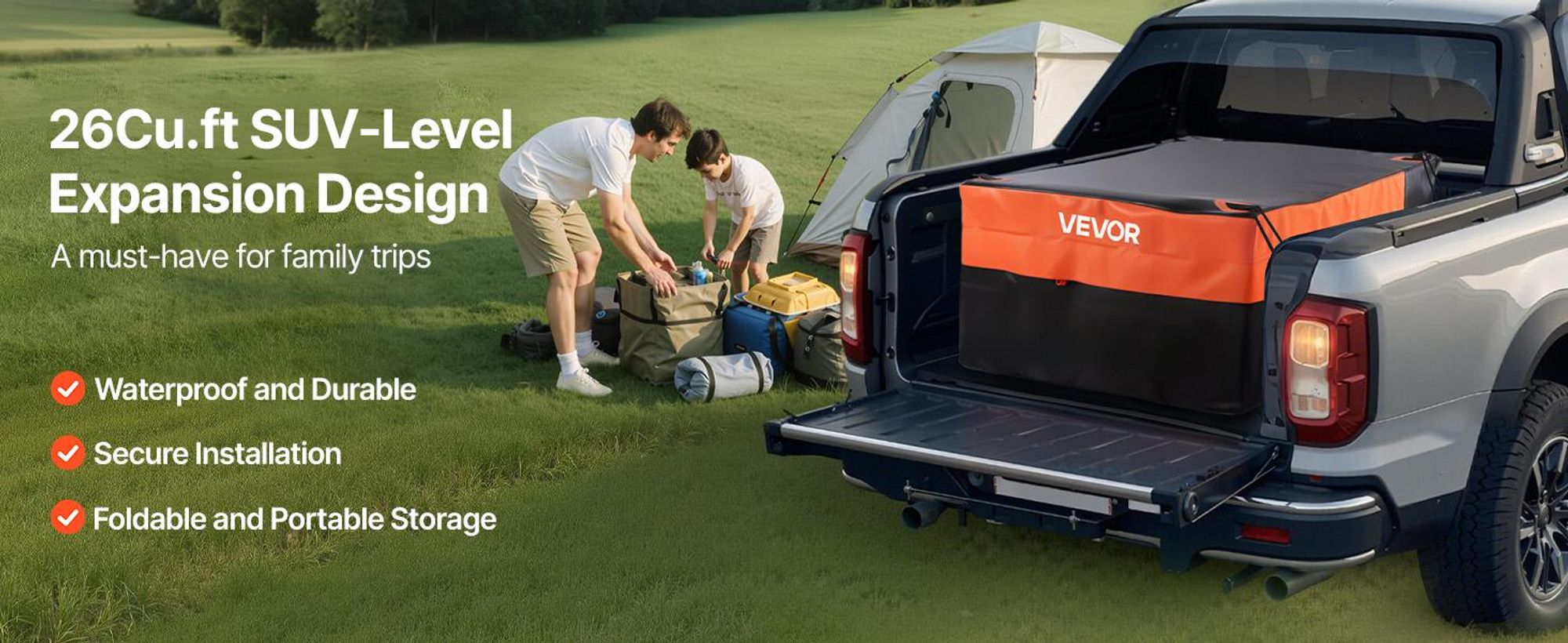VEVOR Anhängerkupplungs-Laderaumtasche, wasserdicht 840D PVC, 60,24 x 24,02 x 35,94 Zoll (30 Kubikfuß), strapazierfähige Laderaumtasche für die Lagerung im Lkw-Bett mit verstärkten Riemen, geeignet für Auto SUV Vans Anhängerkorb, 26 Cu.ft, Hohe Konfiguration-a