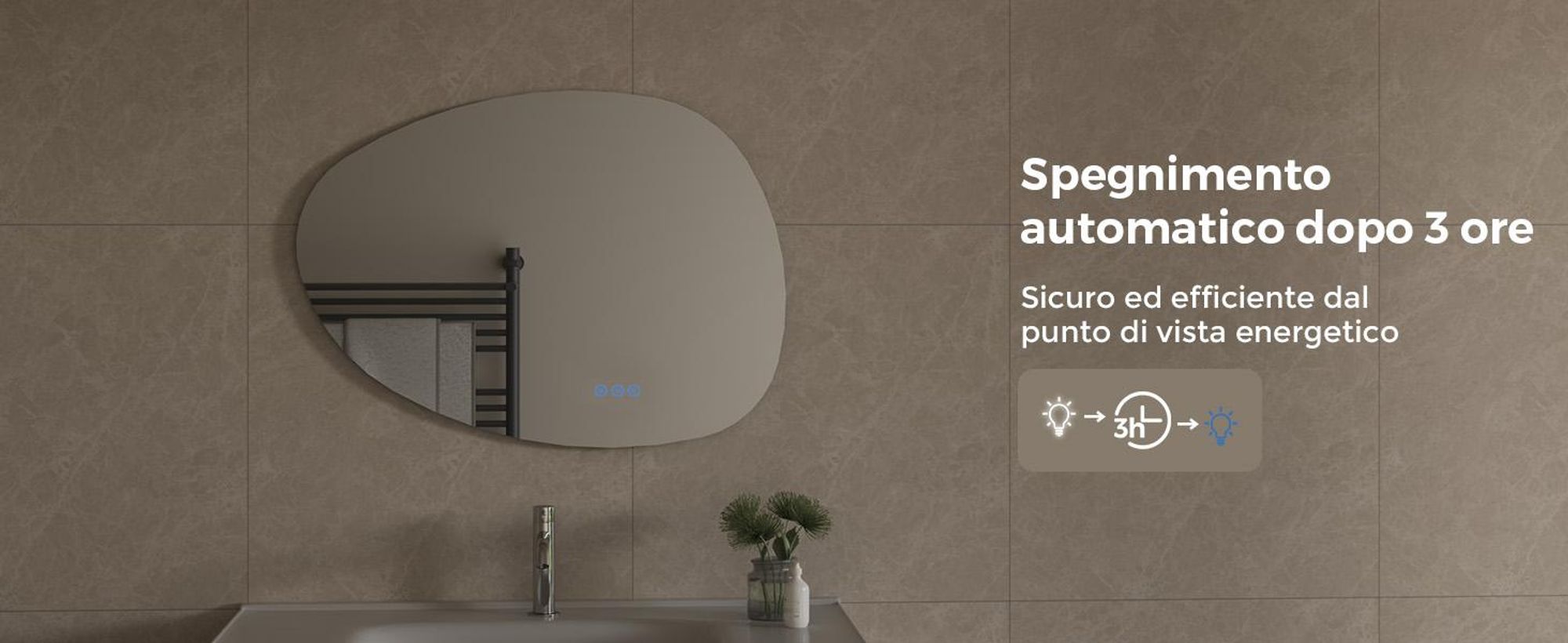 S'AFIELINA 60×45 cm Specchio asimmetrico LED - Specchio da bagno con illuminazione, funzione dimmer, montaggio orizzontale/verticale, antiappannamento, bagno e corridoio