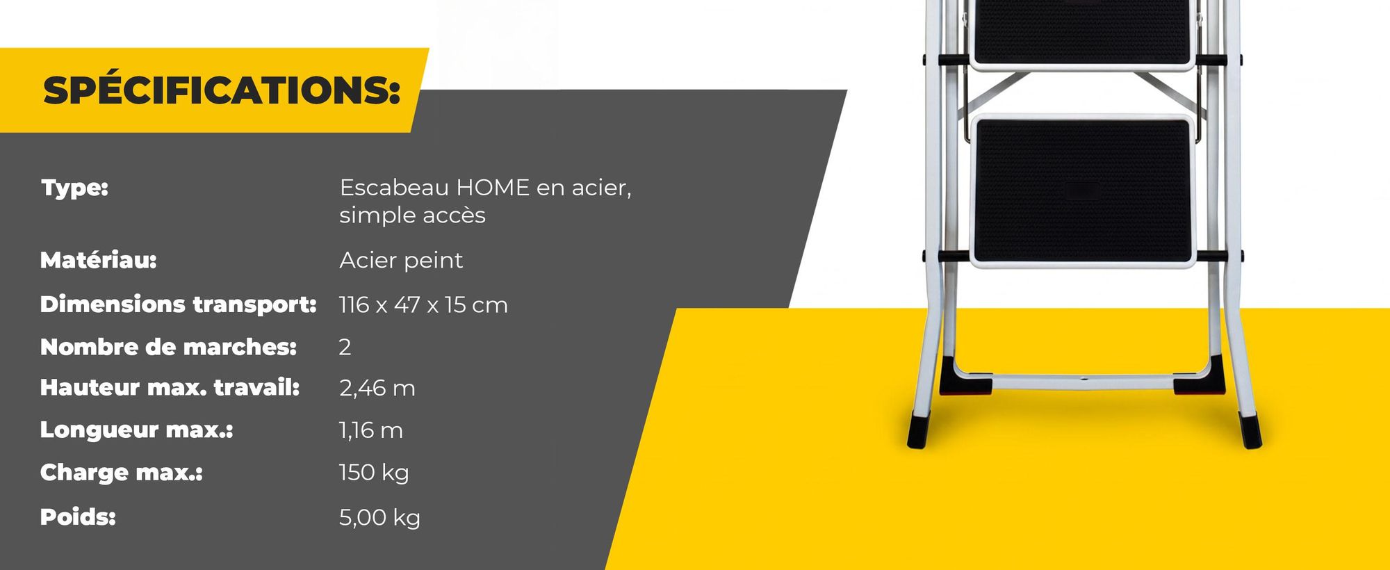 Drabest | Échelle pliable 2 marches - Acier - Charge max 150 kg - Antidérapante et compacte