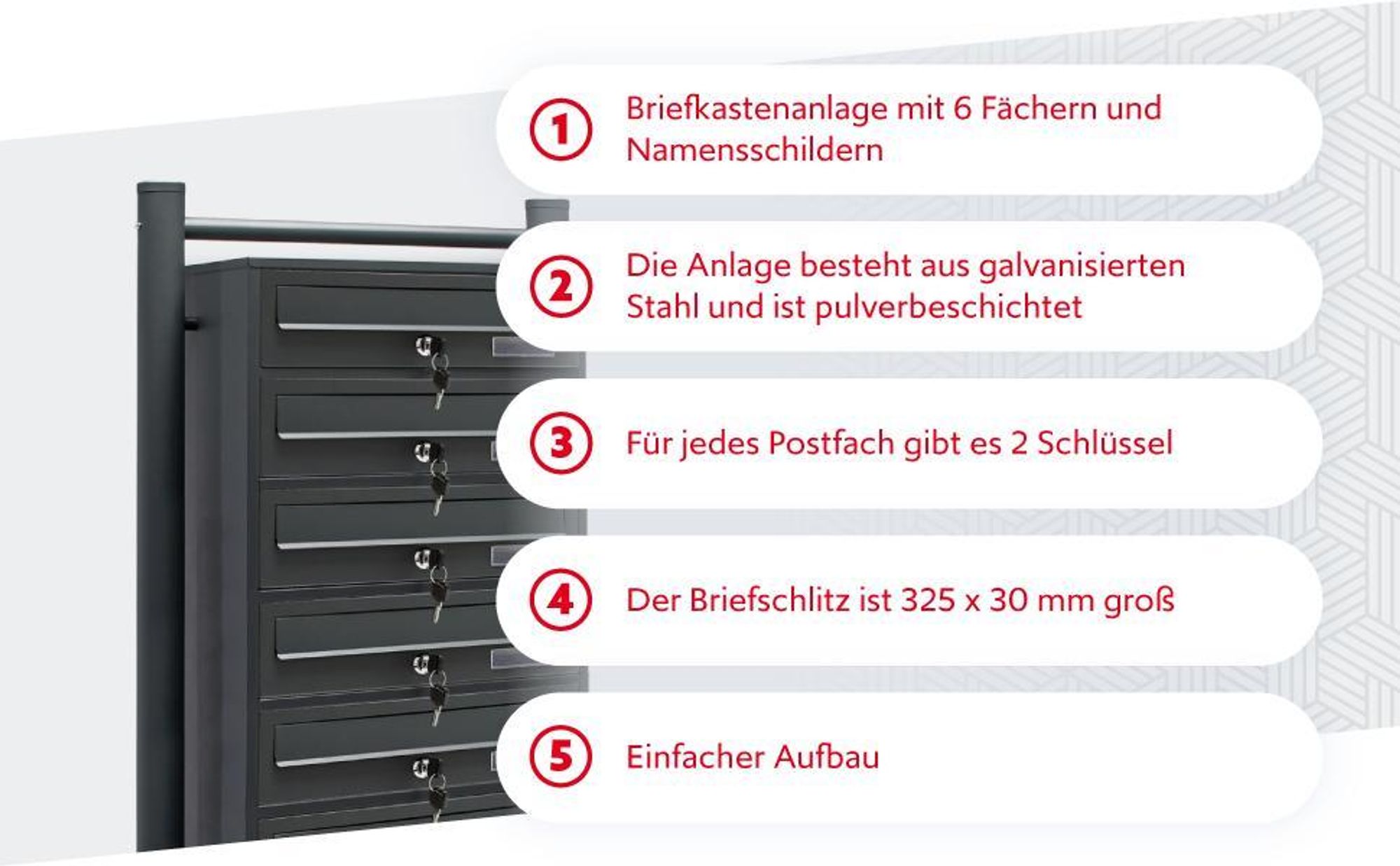 Wiltec 6er Briefkastenanlage Anthrazit 556 x 270 x 1500 mm, Standbriefkasten mit 6 Fächern, Schlüssel und Namensschild, Briefkasten Postkasten mit Ständer