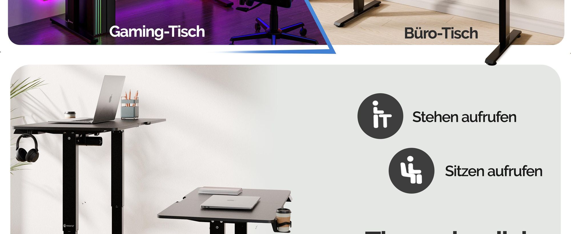 CASARIA® Höhenverstellbarer Schreibtisch 140cm Schwarz Gestell Tischplatte Gaming Tisch LCD Display Memoryfunktion Elektrisch mit Zubehör Computertisch Büro