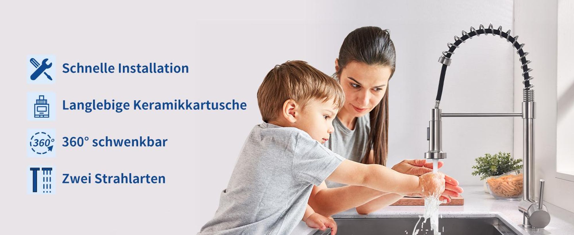 Homelody Vorfenster Küchenarmatur 90° Faltbar 360° Drehbare Hochdruck Edelstahl 304 Wasserhahn Küche mit Brause Ausziehbar 2 Strahlarten Gebürstet