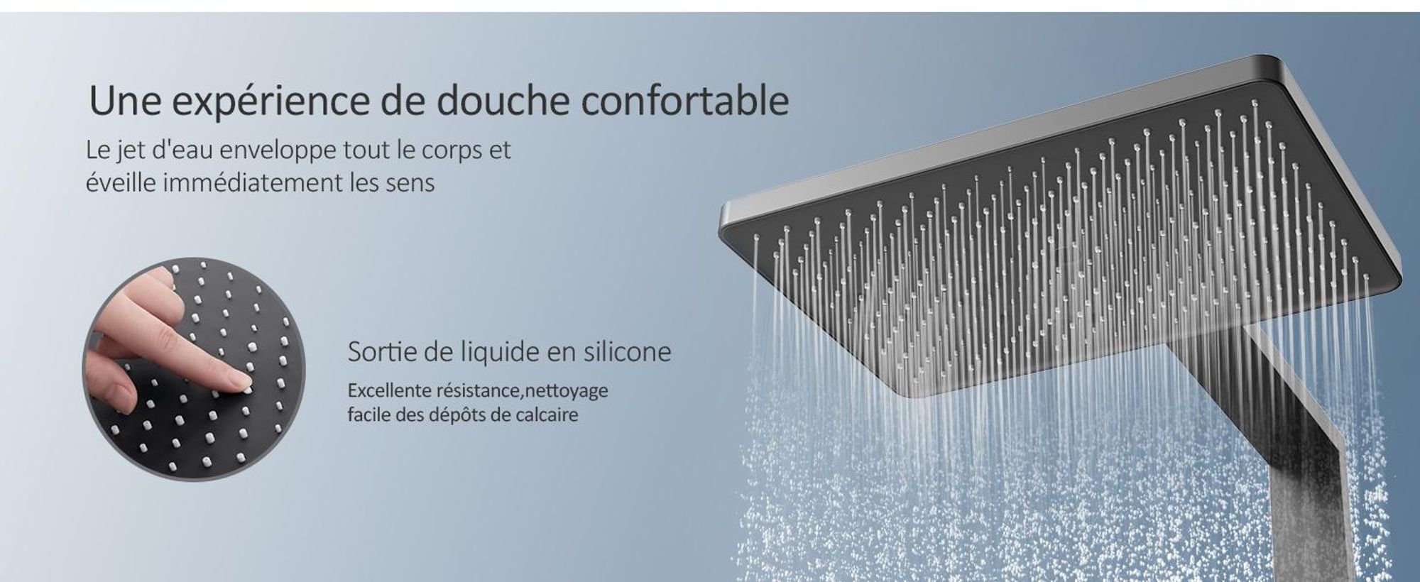 EMKE Système de douche Ensemble de douche de luxe avec thermostat, tablette en verre extra large de 710 mm, douche à effet pluie, robinetterie de salle de bains & douche Noir mat
