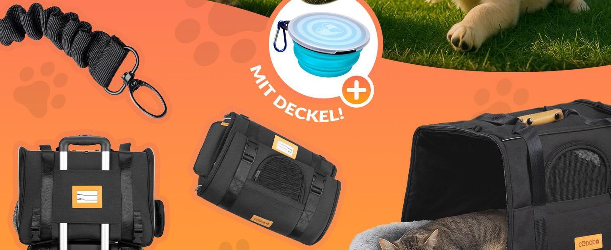 CADOCA® Transportbox Katzen bis 20kg faltbar Sonnen- und Regendach Schultergurt mit Napf Atmungsaktiv Komfortabel Wendekissen Haustier Katzenbox Tragetasche Hunde Auto Grau