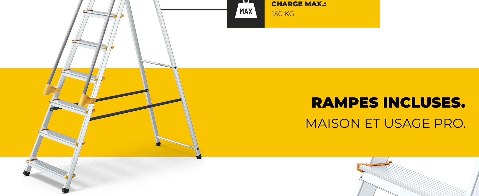 Drabest | échelle - 7 marches, charge max. 150kg - échelle avec mains courantes, échelle en aluminium, pieds antidérapants, escabeau, échelle pliante
