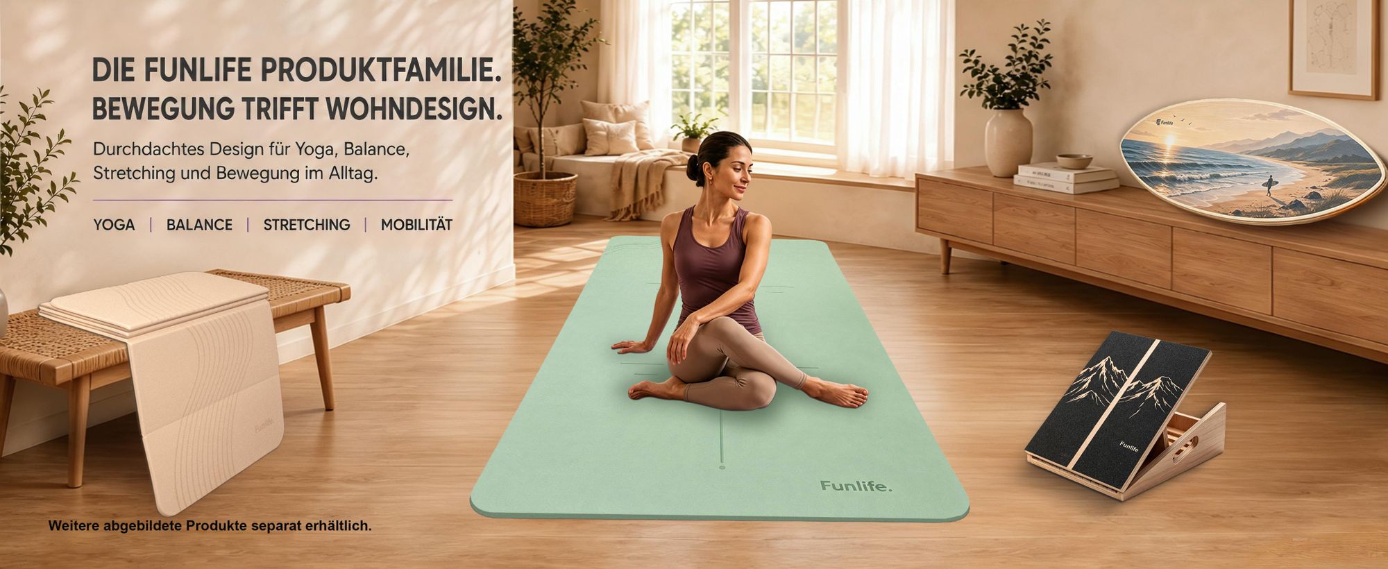 FunLife Produktfamilie für Yoga, Balance und Stretching – funktionales Design für modernes Wohnen.