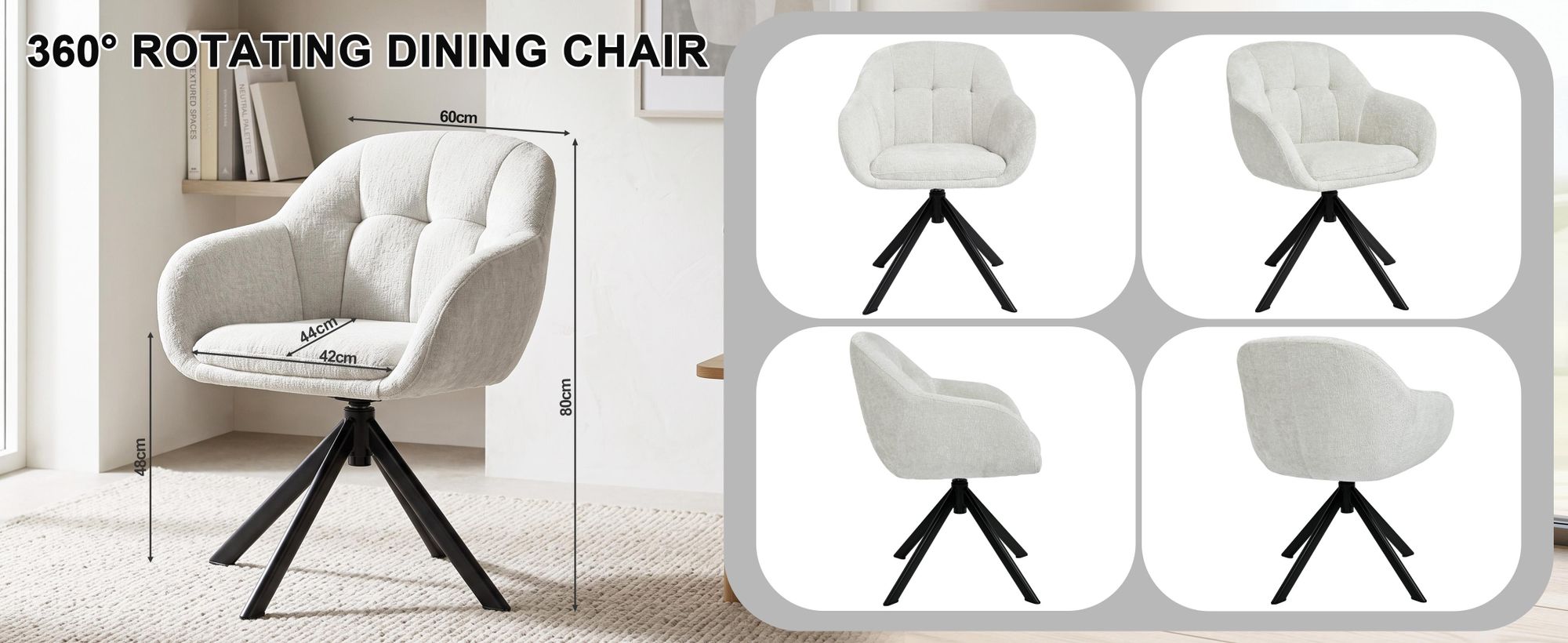 Duhome loungestoel, 360° draaibaar, armleuningstoel van chenillestof, make-uptafelstoel met metalen frame, eetkamerstoel, beige