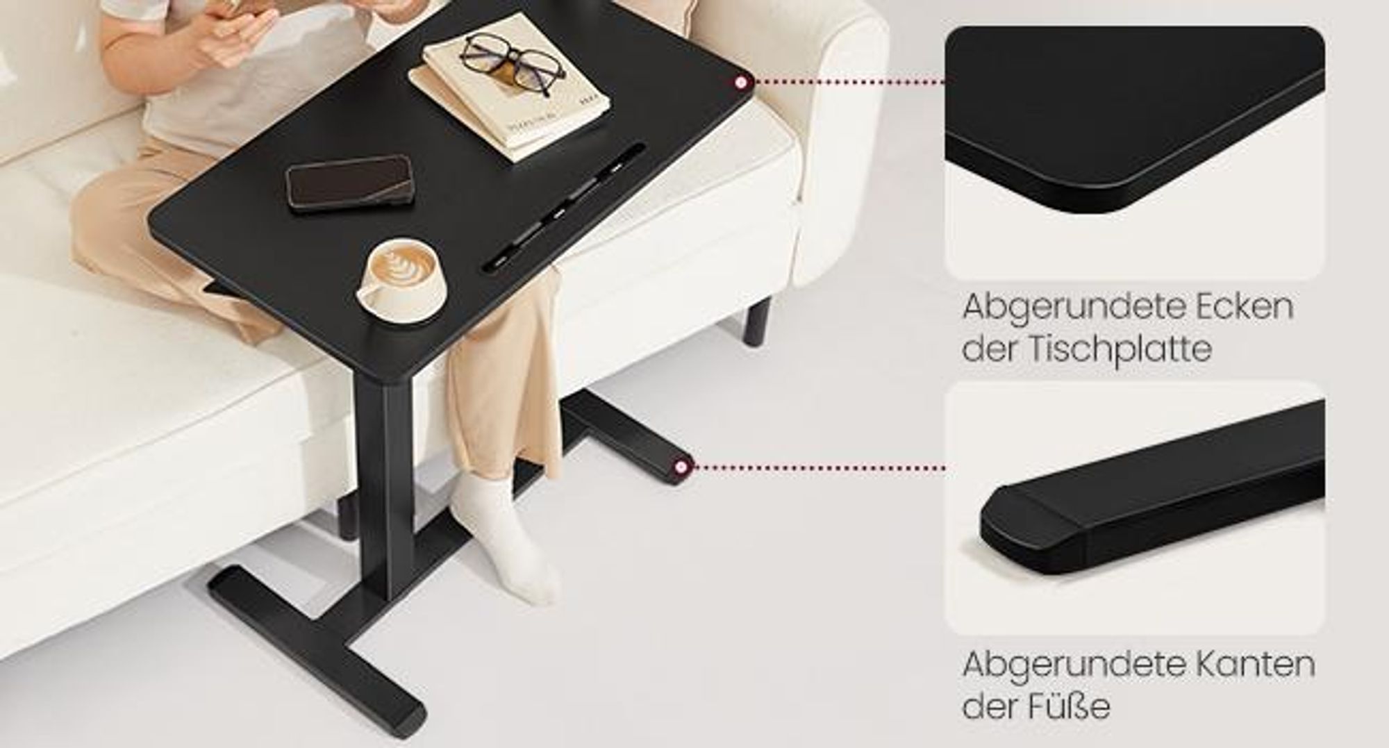 VASAGLE Beistelltisch mit Rollen, mobiler Stehtisch, verstellbare Höhe, 2 Getränkehalter, Schlitz für Handy oder Tablet