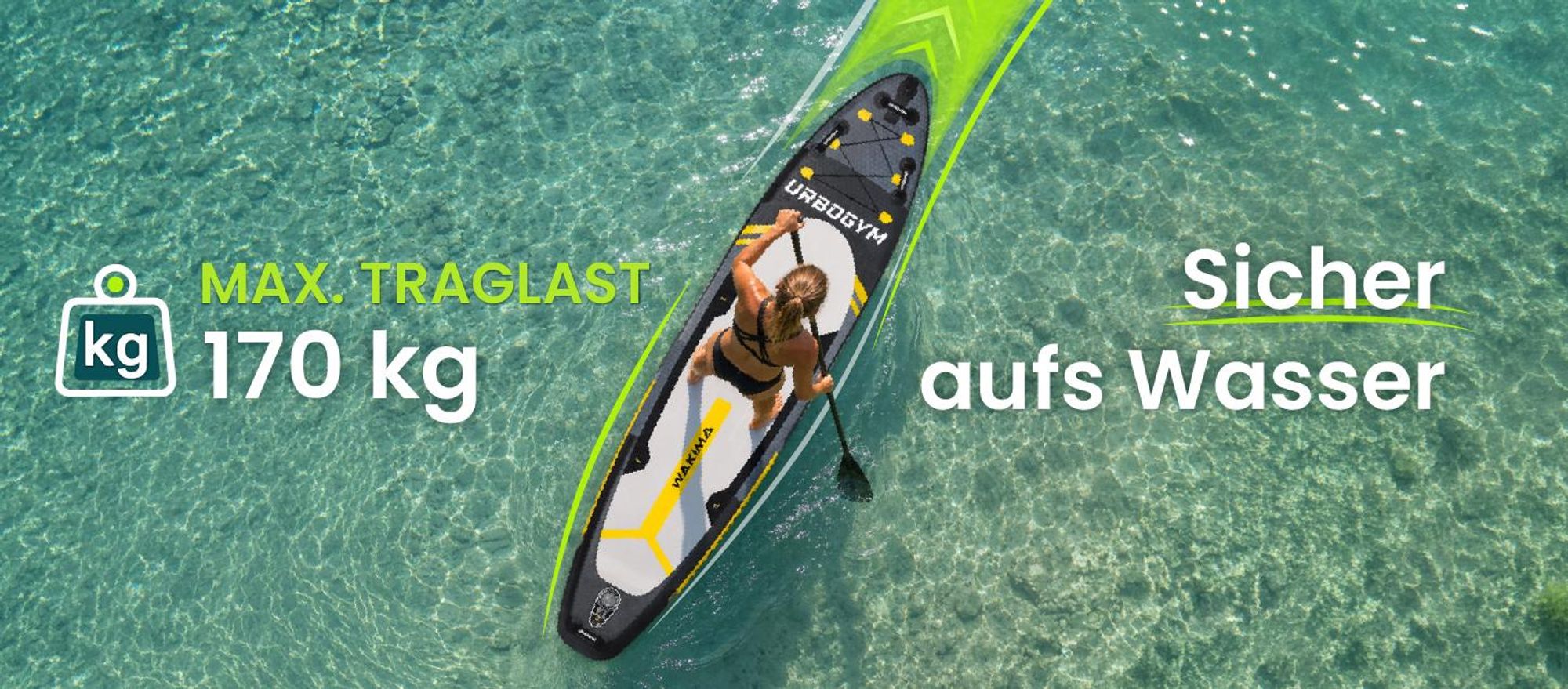 URBOGYM Wakima SUP Board 350 cm Grau, aufblasbares Komplettset mit 3 Finnen