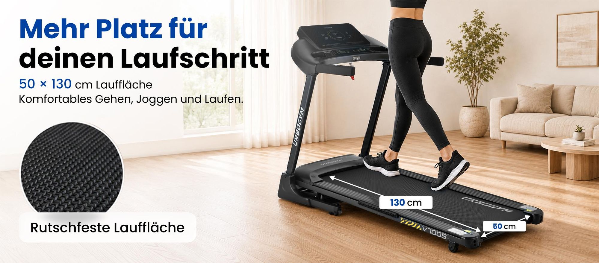 URBOGYM V700S Laufband – 18 km/h, automatische Steigung mit 18 Stufen, Lauffläche 50 × 130 cm, bis 140 kg, klappbar, FITSHOW