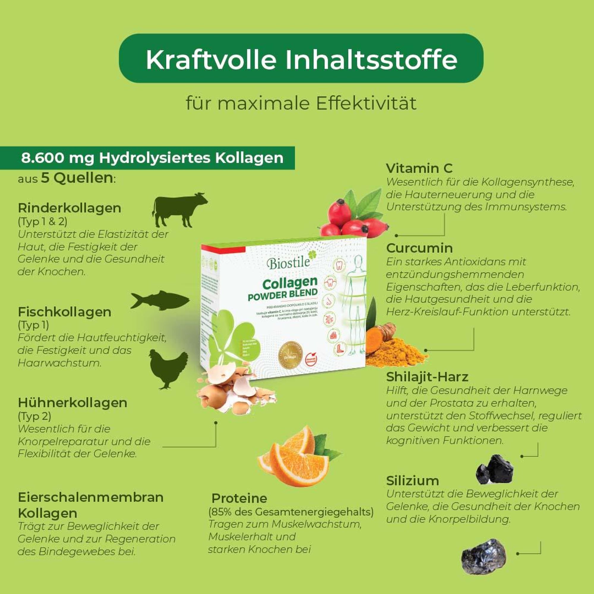 Biostile Collagen Powder Blend – Kollagenpulver mit 5 Kollagenquellen, hydrolysiertem Kollagen, Vitamin C, Curcumin&Shilajit – 30 Beutel, Mango-Orange