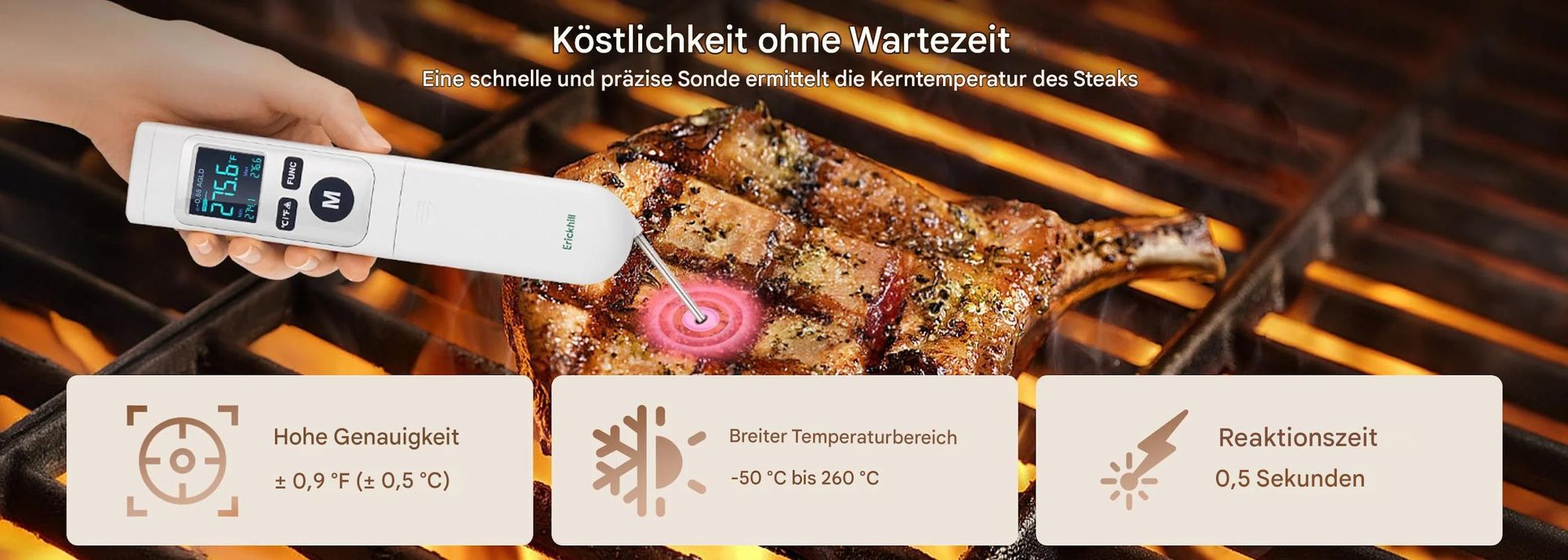ERICKHILL ROOKPRO 2-in-1 Laser-Thermometer, 12:1 D:S, Grill- und Backsonde