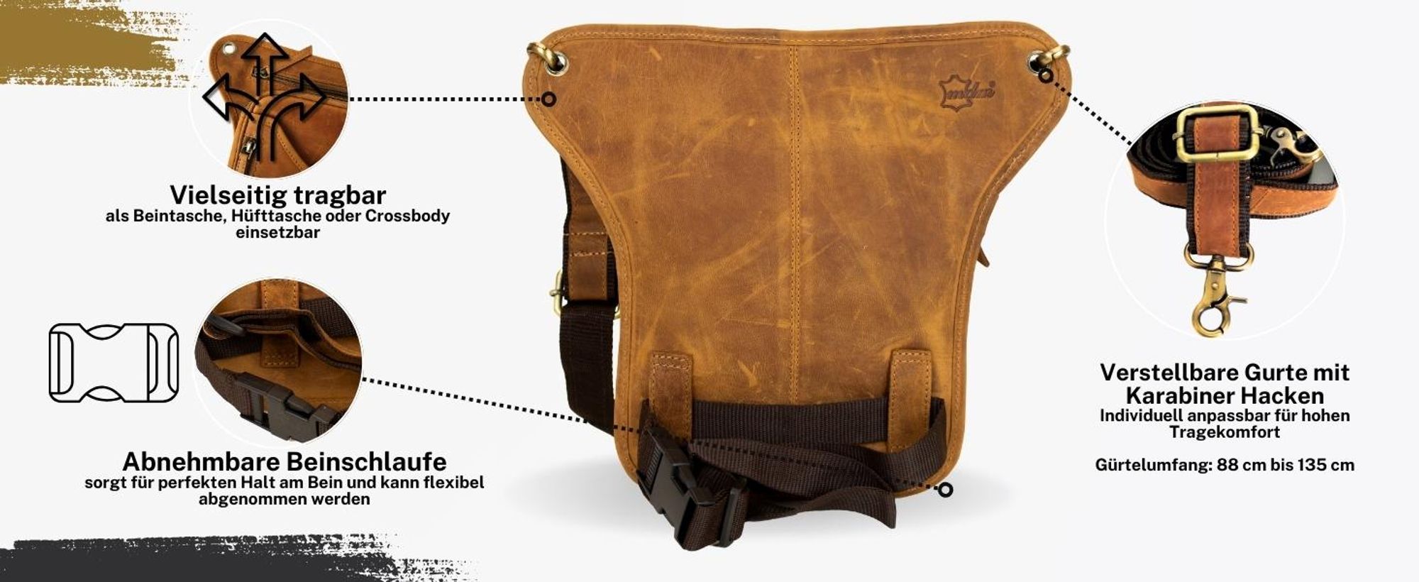 Motorrad Biker Beintasche Hüft-, Gürteltasche Leder Bauchtasche Motorrad(Braun)