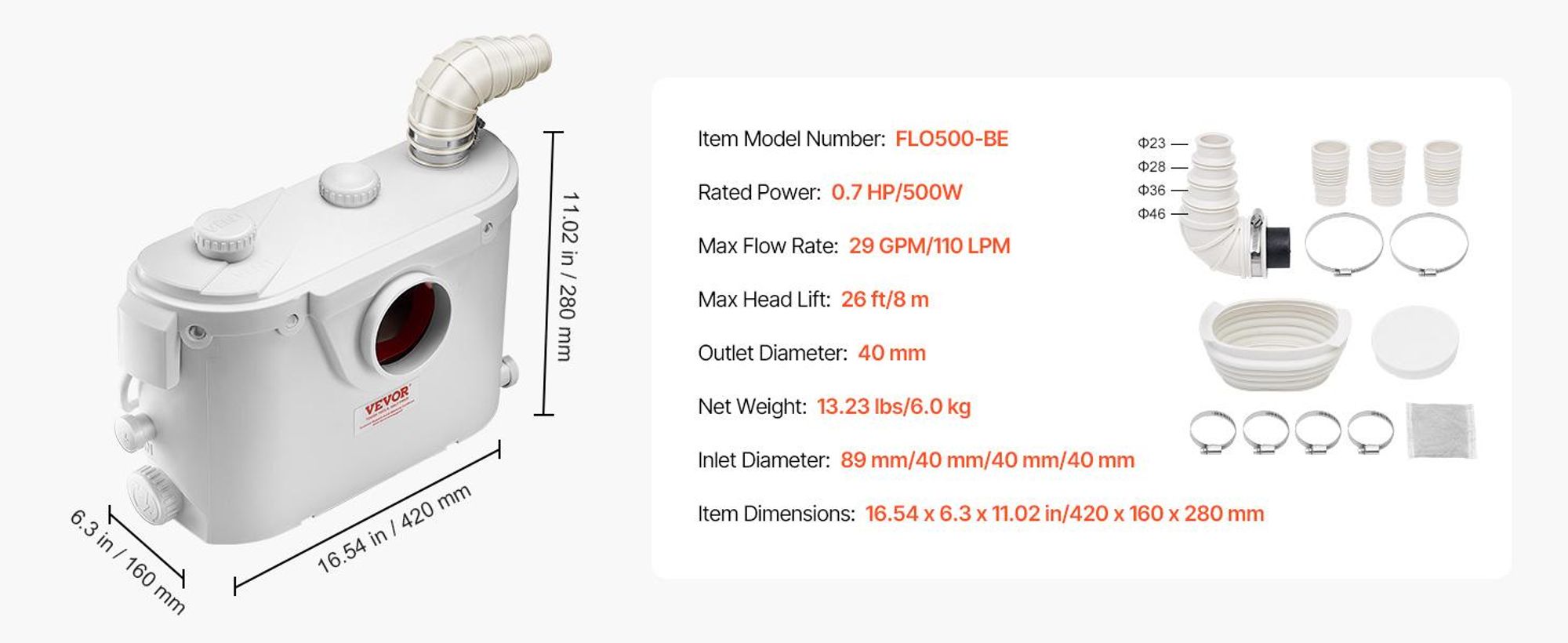 VEVOR Zerkleinerungspumpe, 700W, 9600 L/h Durchfluss, 10 m Förderhöhe, Zerkleinerung Abwasser Hebepumpe mit 3 Wasseranschlüssen für Toilette, Keller, Küche, Spüle, Dusche, Badewannen Abwasserentsorgung Hebemaschine, Bodenstehende Toilette-c, 500 W