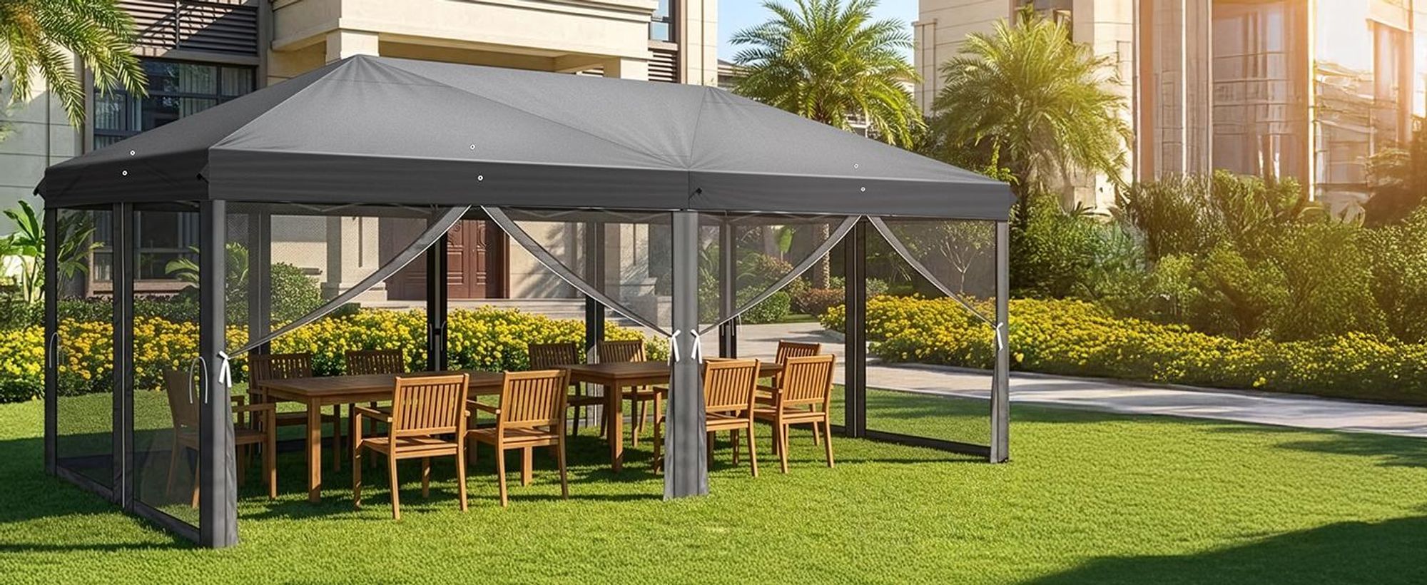 FCH Faltpavillon Partyzelt Pop Up Pavillon 3x6m, mit 6 Netzvorhängen, UV-Schutz ,höhenverstellbarer Gartenpavillon, mit Tragetasche,Grau