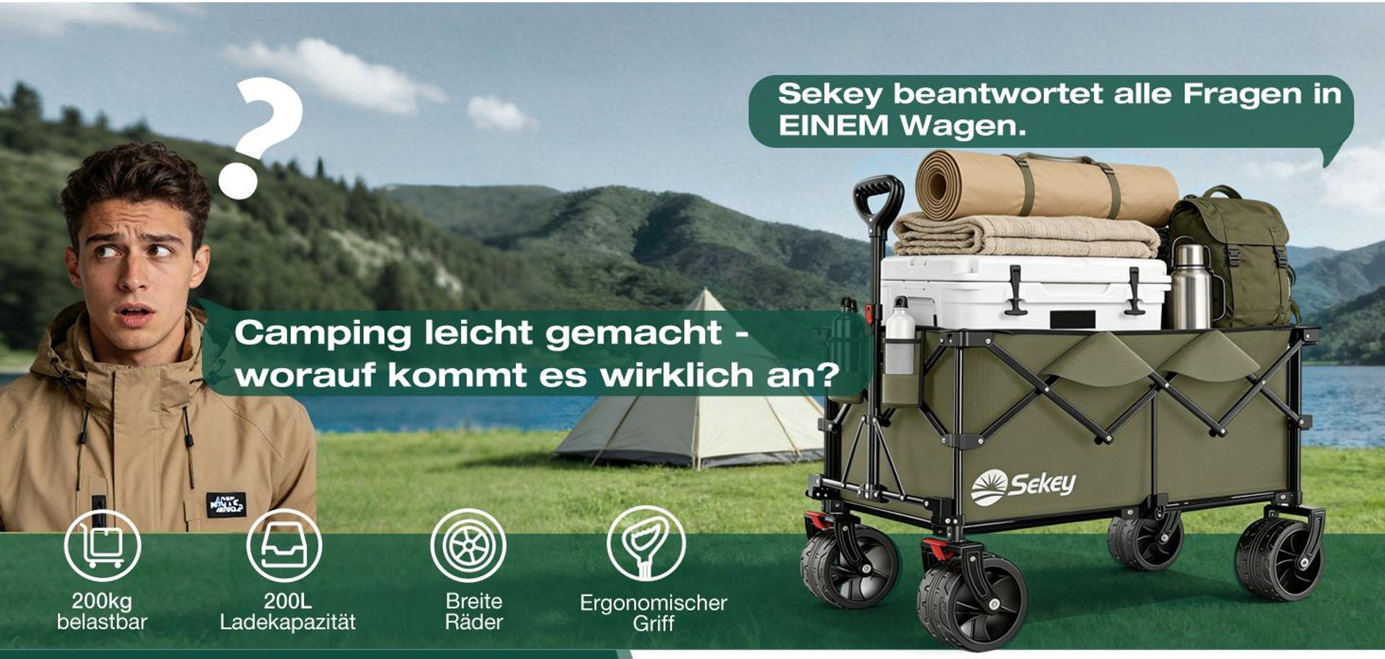 Sekey XXL Plus Bollerwagen Faltbar mit Extra Breite Räder, Faltbollerwagen belastbar 200kg Handwagen Klappbar Transportwagen, Olivgrün