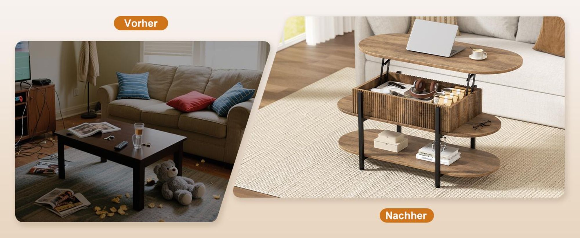FABATO Couchtisch oval, höhenverstellbar mit verstecktem Stauraum, 3-Etagen-Design im Vintage-Eichen-Look