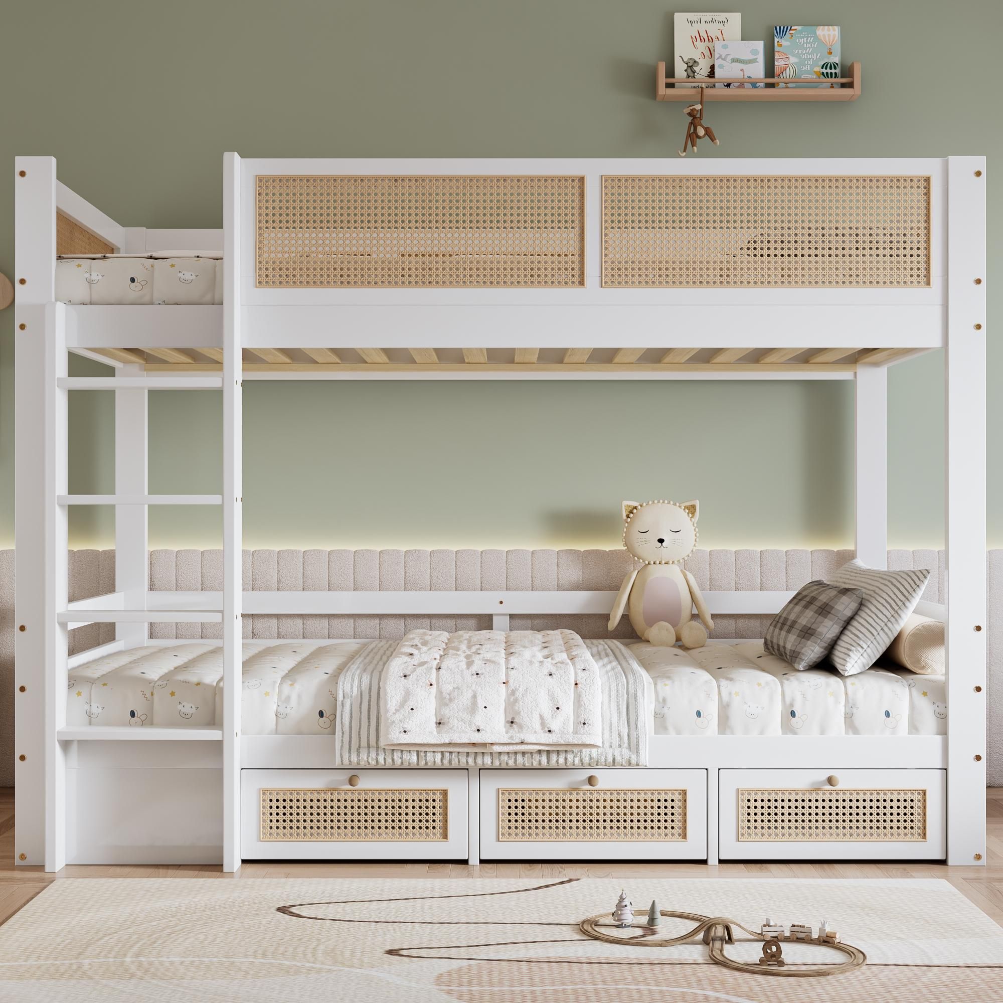 Flieks Rattan Etagenbett 90x200cm mit 3 Schubladen, Kinderbett Hochbett mit Rausfallschutz & Lattenrost, Stockbett Holzbett Einzelbett 2 Kinder, Weiß