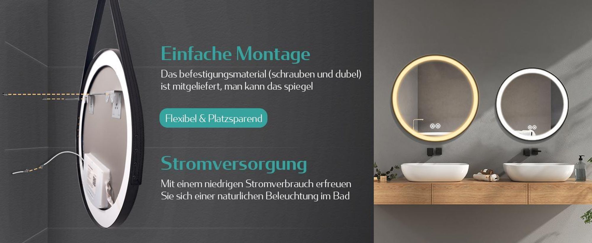 EMKE LED Badspiegel Rund 70 cm Durchmesser LED Spiegel Badezimmerspiegel mit Beleuchtung 3 Lichtfarbe 3000-6500K Kaltweiß Neutral Warmweiß Dimmbar Lichtspiegel mit Touchschalter IP44 Energiesparend (Schwarz Design)